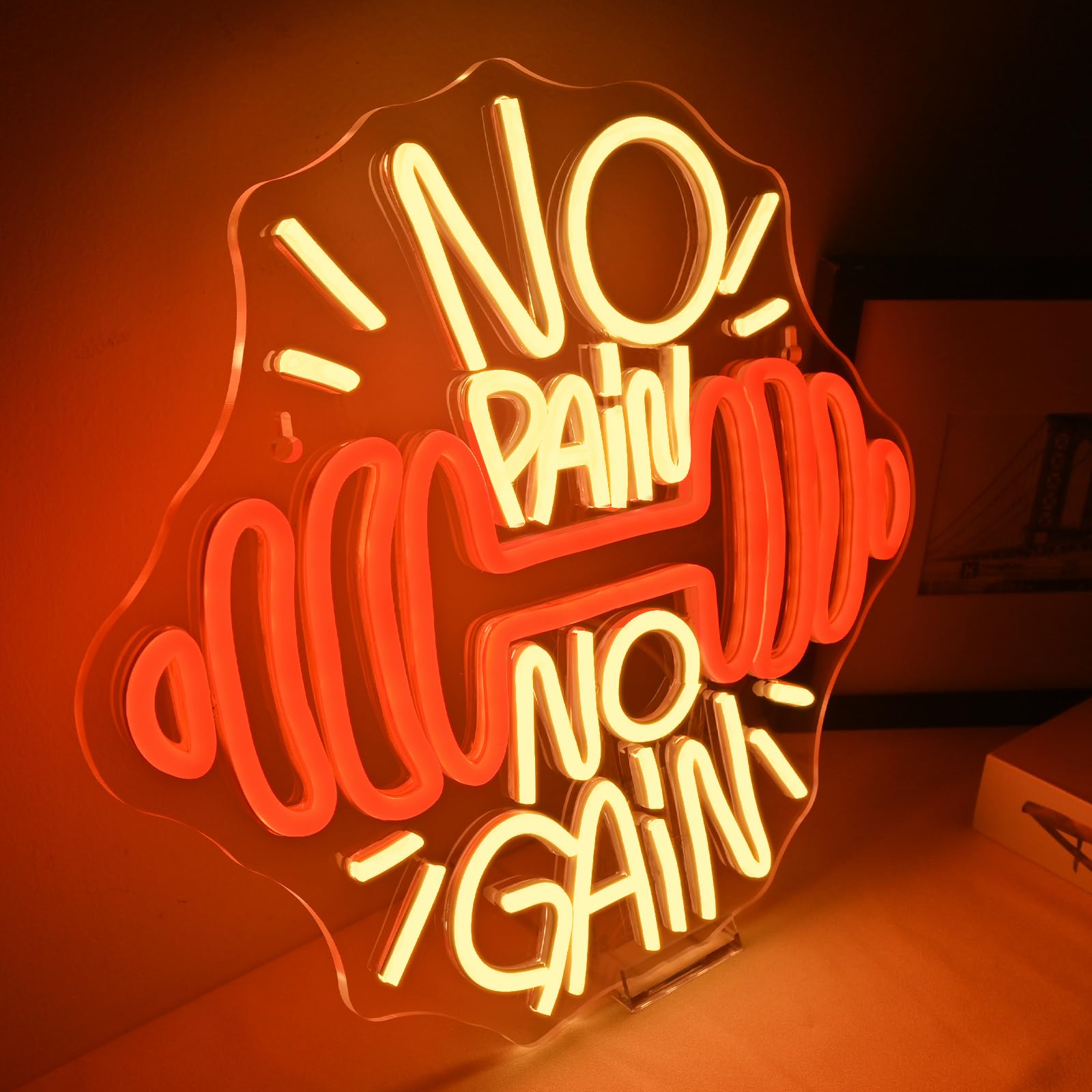 ineonlife No Pain No Gain Gym Neon Led, Mancuernas Luces Neon Naranjas Regulables para Decoración de Pared, Tira Led Neons para Estadio,Gimnasio,Sala de Entrenamiento