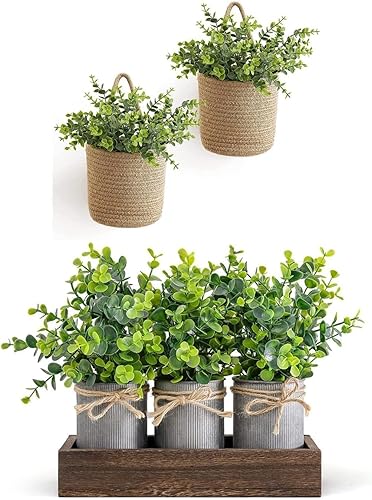 Miniatura 1 de Dahey Macetas decorativas de metal galvanizado para decoración de centro de mesa, bandeja de madera con eucalipto artificial, 3 cubos y 2 cestas de