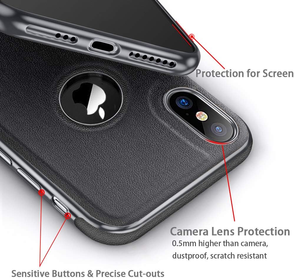LOHASIC iPhone X Case/iPhone Xs Case, Slim Leather Luxury PU Soft Flexible Hybrid Bumper Non-Slip Grip Shockproof Anti-Scratch Full Body Protective Cover Cases for iPhone X 10 XS 5.8 inch - Black