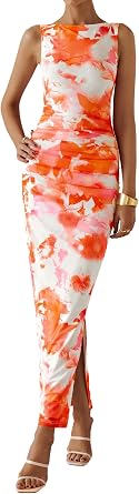 MASCOMODA Womens Bodycon Summer Dresses 2026 Sleeveless Floral Mesh Maxi Dress Side Slit Ruched Long Party Cocktail Dresses