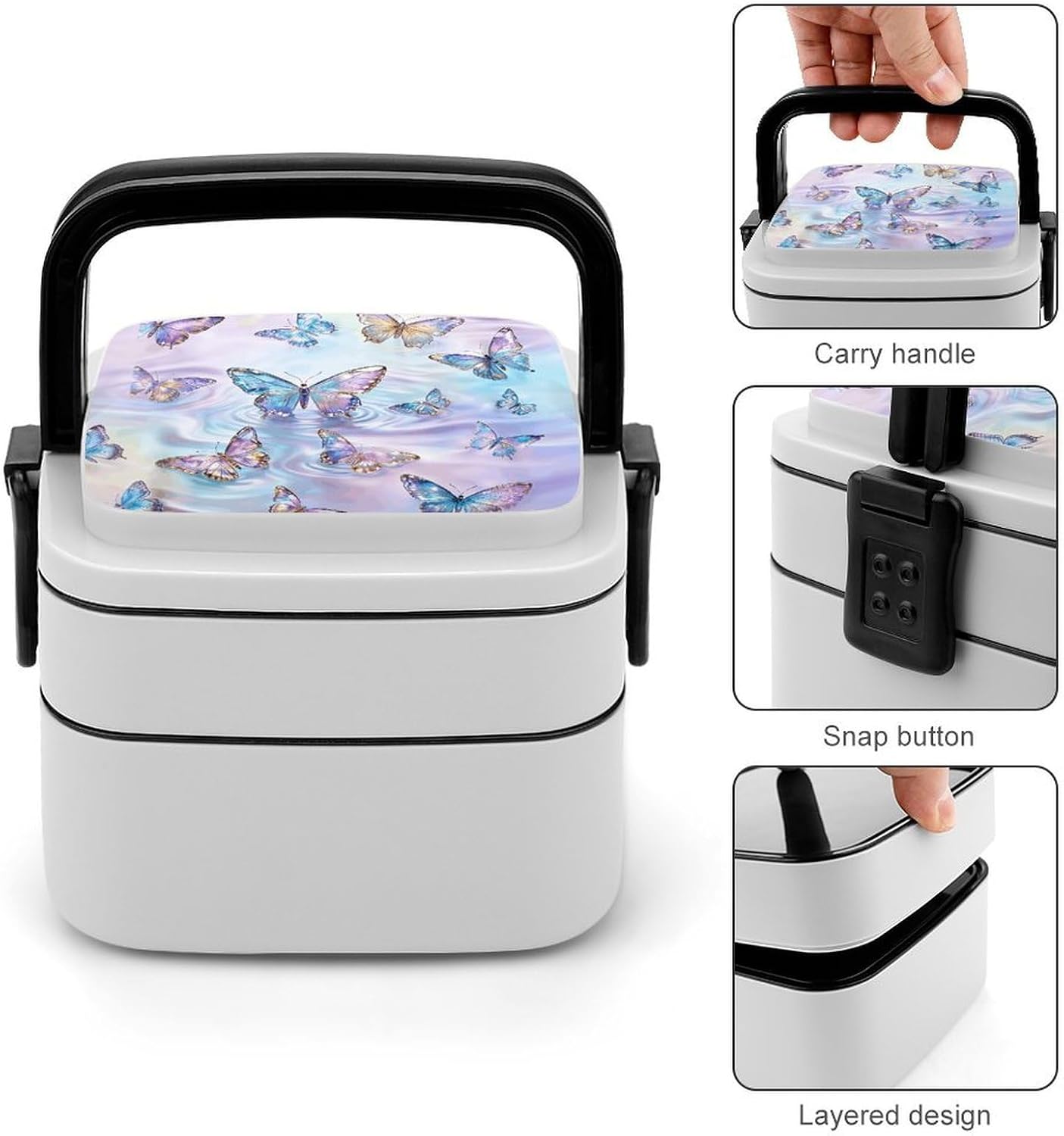 Iridescent Holographic Butterfly Lunch Box for Women All-in-one Stackable Bento Box for Adults Leakproof Bento Large Lunch Boxes Containers with Spoon for Dining Out Work Picnic