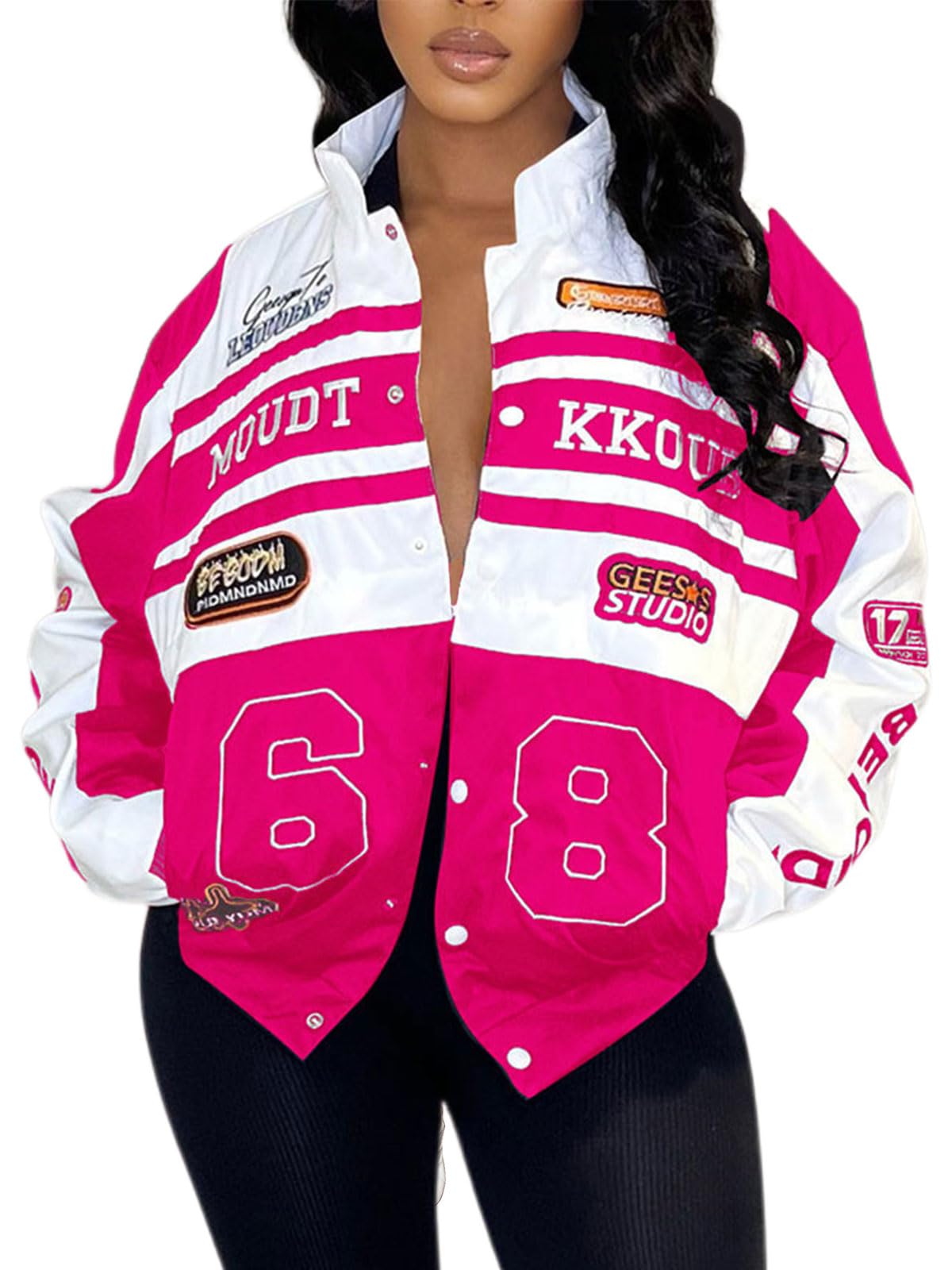 Angsuttc Race Car Driver Jacket Moto Biker Detachable Letter Graphic Light Weight Color Block Bomber Jackets Rose XXL