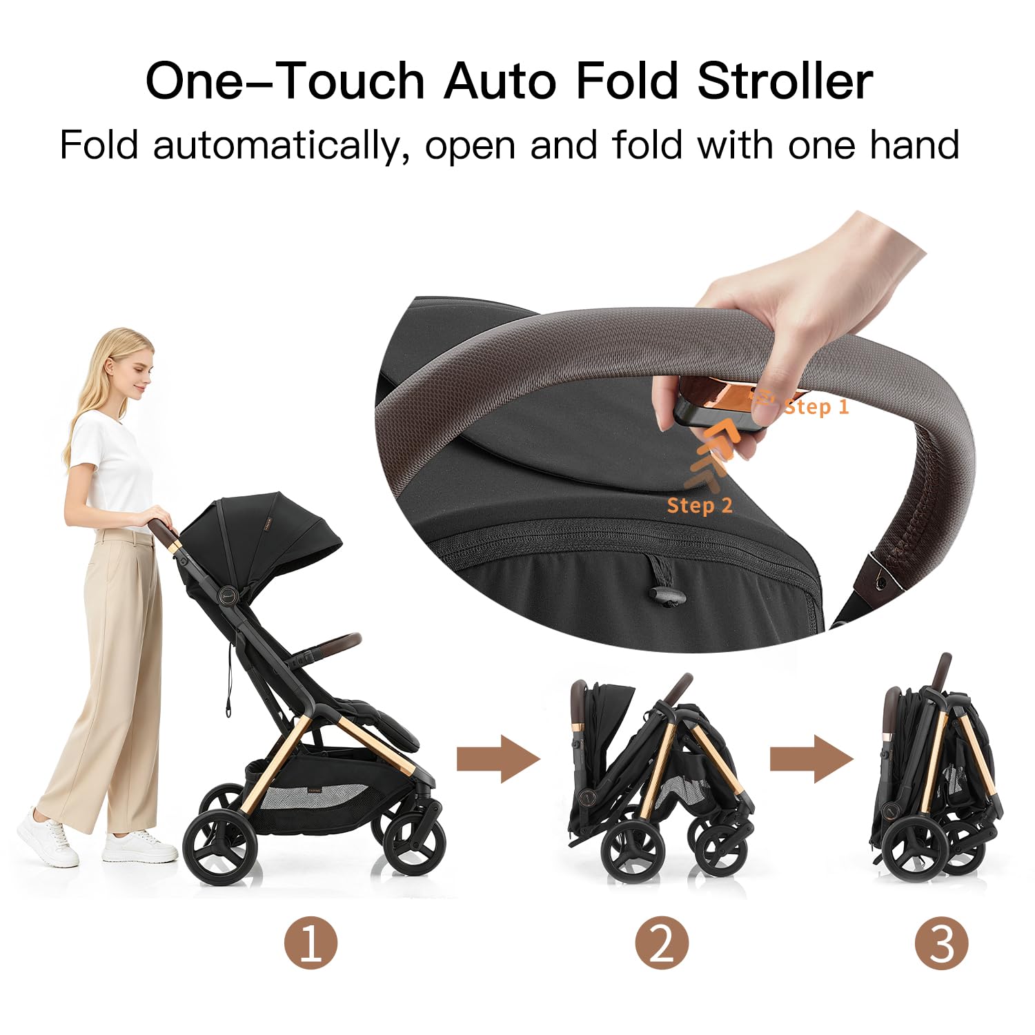 Gromast 2 in 1 Baby Stroller, Portable Travel Newborn Toddler Stroller with Cup Holder & UPF 50+ Canopy, One-Hand Automatic Folding - Black