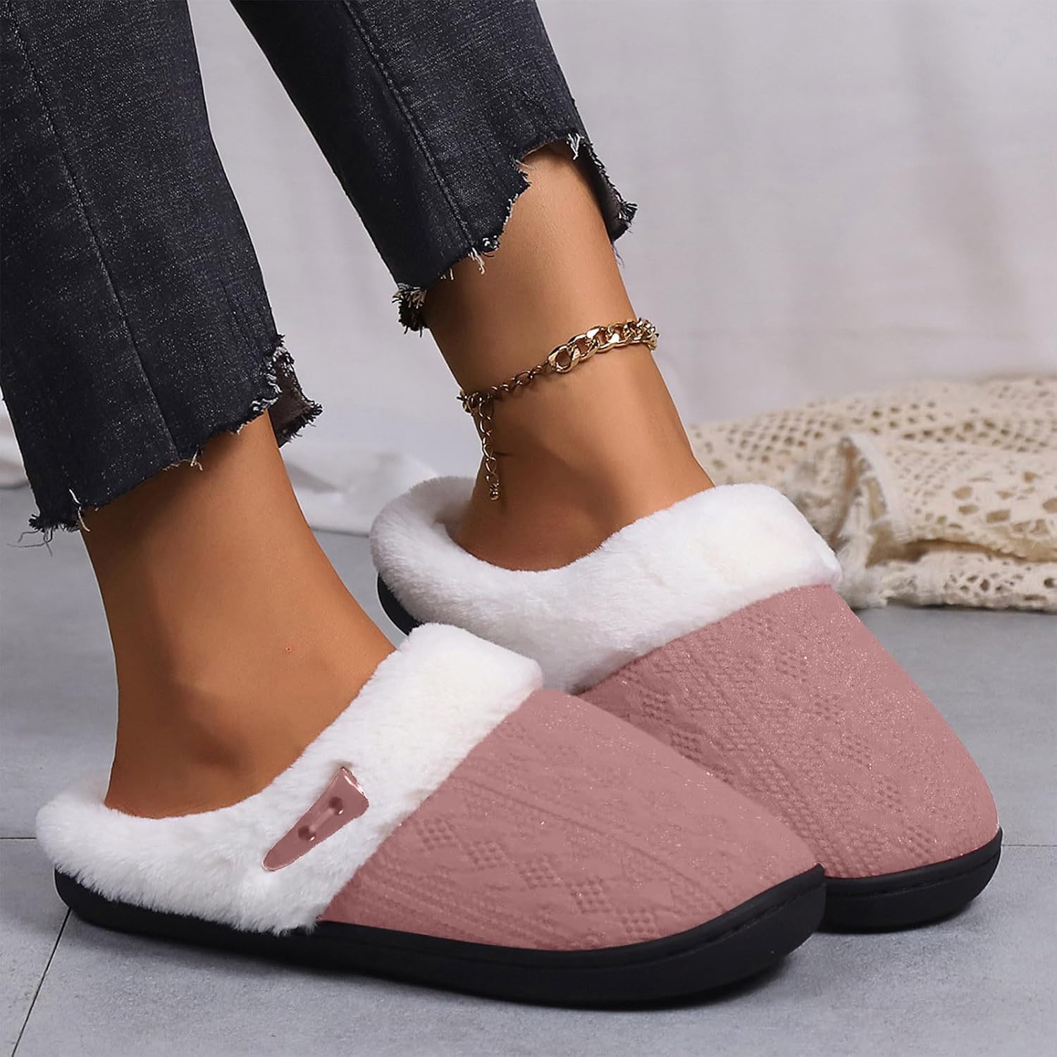 2026 Ribbed Knit Slipper for Women Keep Warm Lounging Winter Slide Rubber Sole Slip on Sandal Comfy Fluffy Shoe
