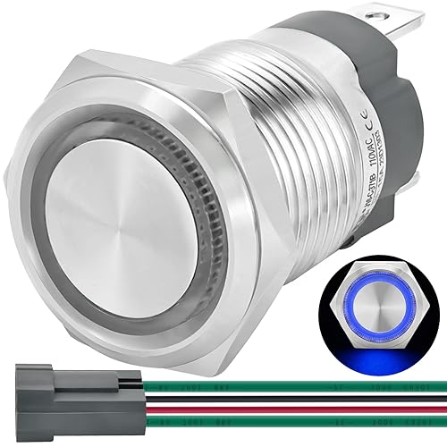 Miniatura 25 de Interruptor de botón ZJWZJH de 15 amperios con pestillo de 0.630 in, impermeable, IP67, 12 V, CC, 24 V, encendido y apagado, luz LED azul