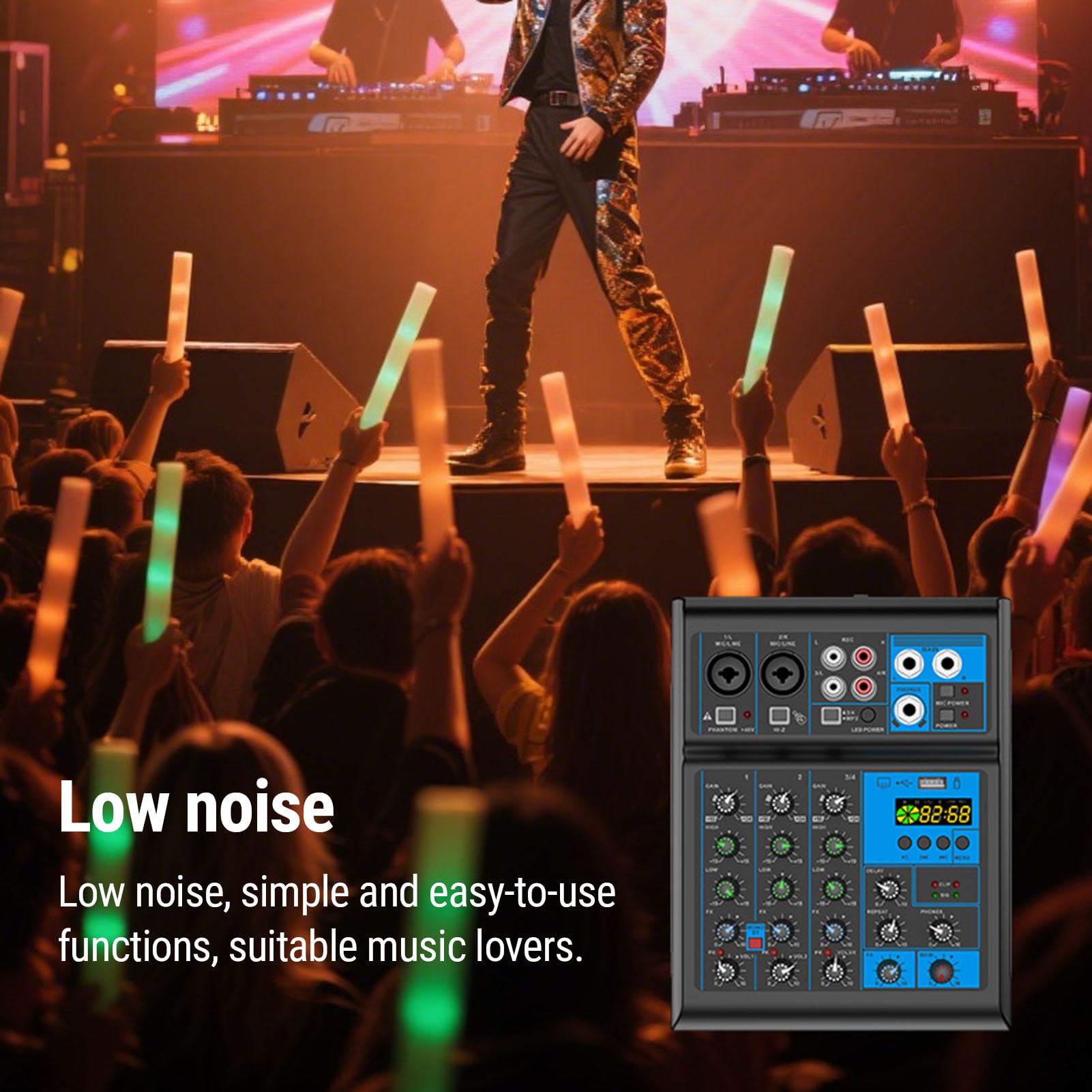 Goshyda Mixer Audio a 4 Canali con Due Microfoni Cordless, Console di Missaggio Audio per Karaoke, Streaming Live, Podcast e registrazione.