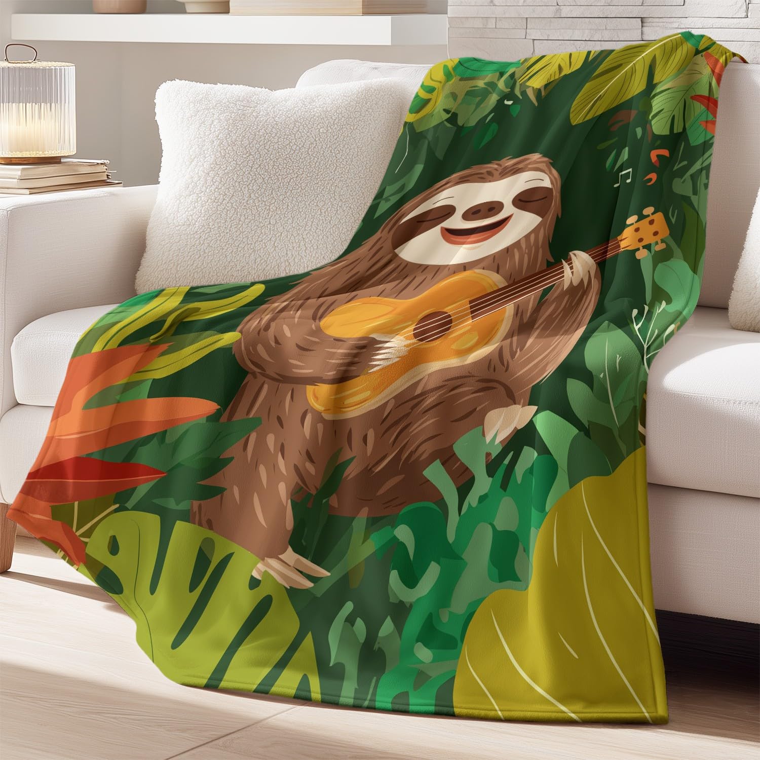 Generisch Kuscheldecke Fleecedecke Decke Cartoon Musik Faultier Grün Gitarre Braun Tier Natürlich 180cm x 200cm Wohndecken Flauschig Überwurf Mikrofaser Tagesdecke Sofadecke für Schlafzimmer