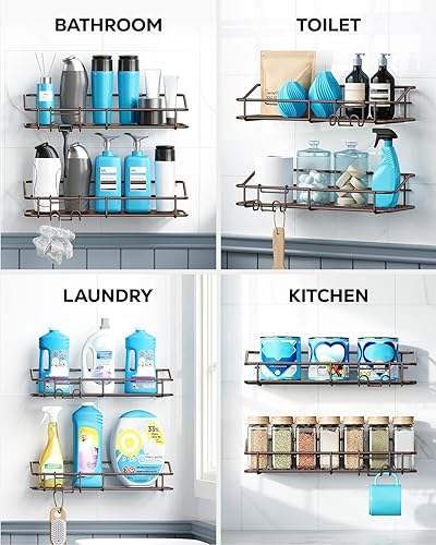 Vista 8 de Nieifi Estante de almacenamiento adhesivo de acero inoxidable sin perforar con ganchos para baño, lavabo, baño, baño, cocina, paquete de 2