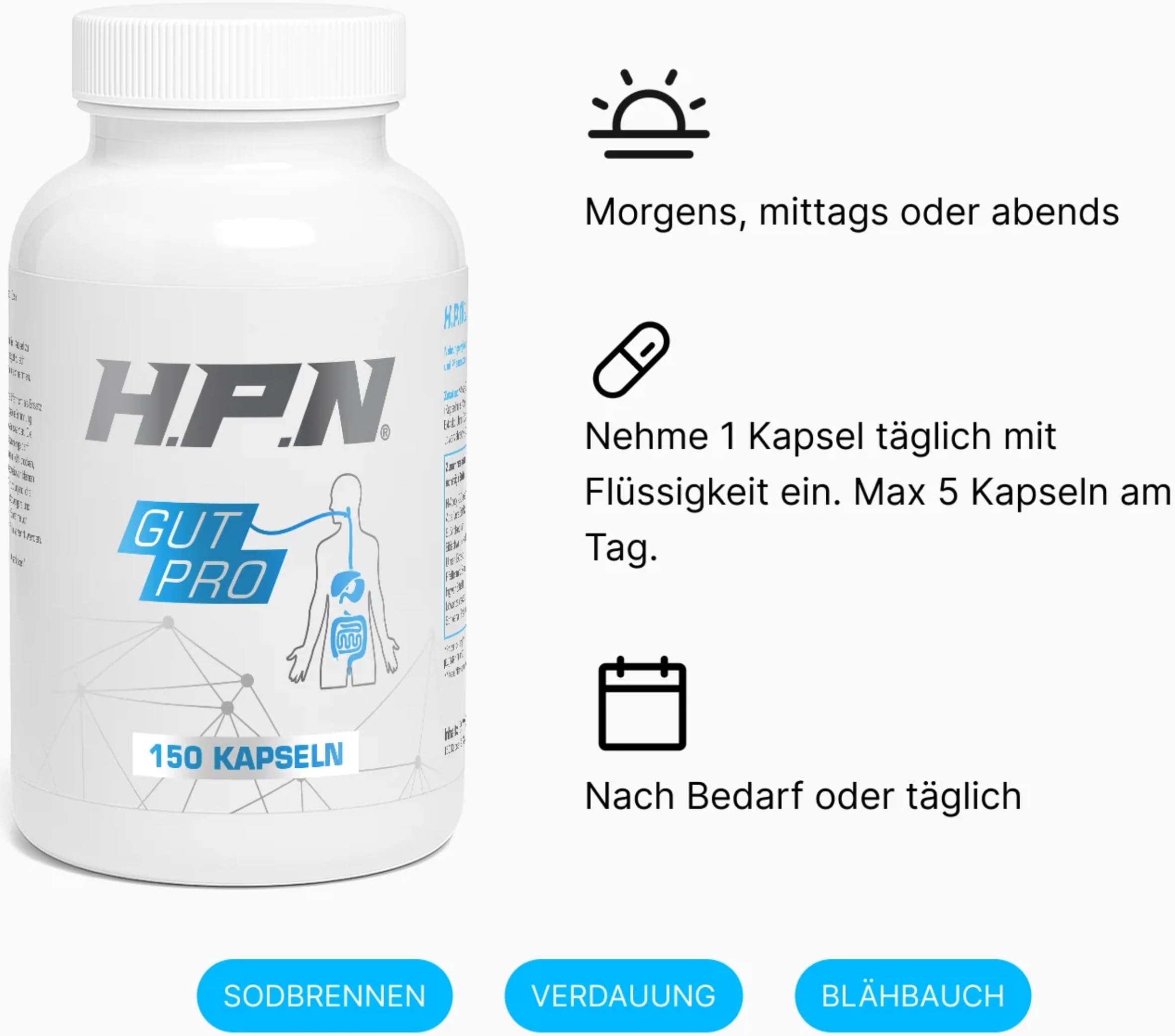 H.P.N - Gut Pro | Unterstützung von Magen, Verdauung & innerem Wohlbefinden | Komplex mit Aloe Vera, Süßholz, Ingwer & 6 weiteren Pflanzenextrakten - 150 Kapseln