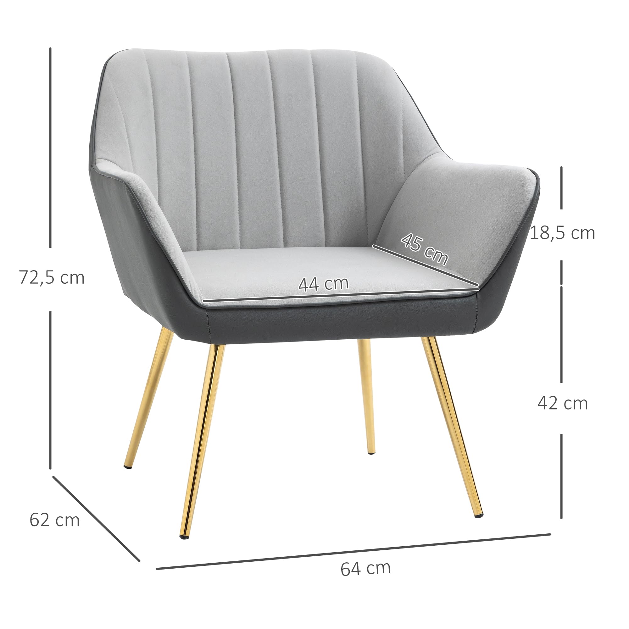 HOMCOM Butaca de Salón Sillón de Salón Tapizado en Cuero Sintético y Terciopelo con Reposabrazos Patas Doradas y Marco de Acero Butaca para Dormitorio Sala de Estar Carga 120 kg Gris