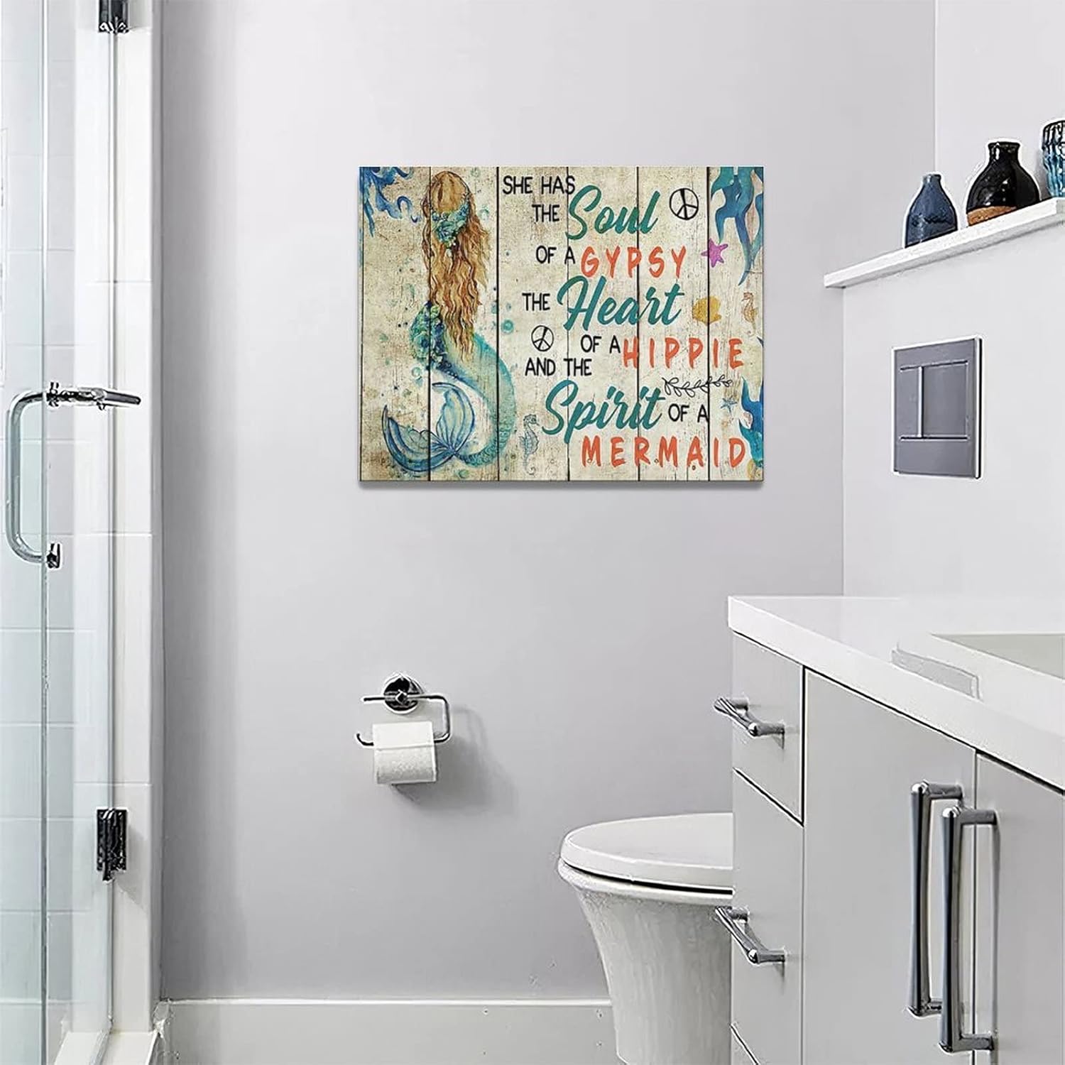 Mermaid Wall Art Motivational Mermaid Canvas Prints Painting Ocean Theme Little Sea Life Pictures Framed Artwork Home Decor for Bathroom Dining Living Room 16"x12"