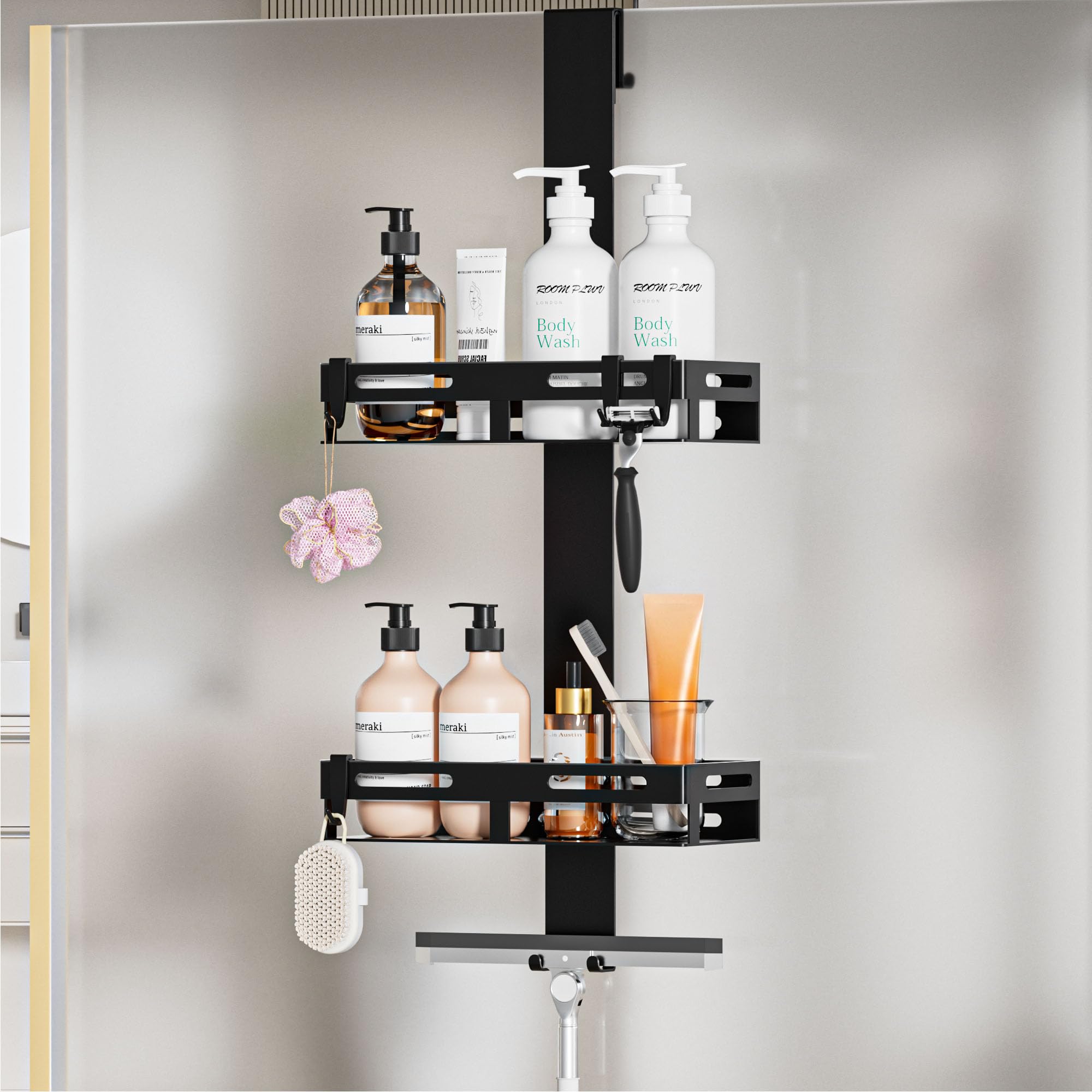 Wisfame Duschregal zum Hängen Schwarz, Duschablage Ohne Bohren Glasdusche | Shampoo Halterung für Dusche Hängen, für Glas<23 mm, Rostfrei, 8 kg/Ebene, Wackelfreie Saugnäpfe, EVA Glas-schon, 8 Haken