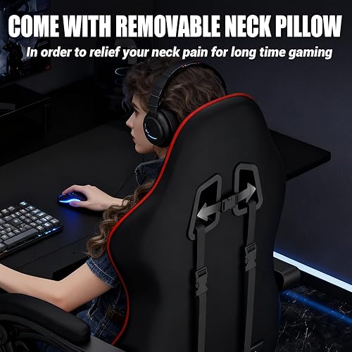 Miniatura 7 de Silla de juegos con reposapiés, estilo carreras, soporte lumbar, masajeador, silla de videojuegos con patas de metal, silla reclinable de respaldo