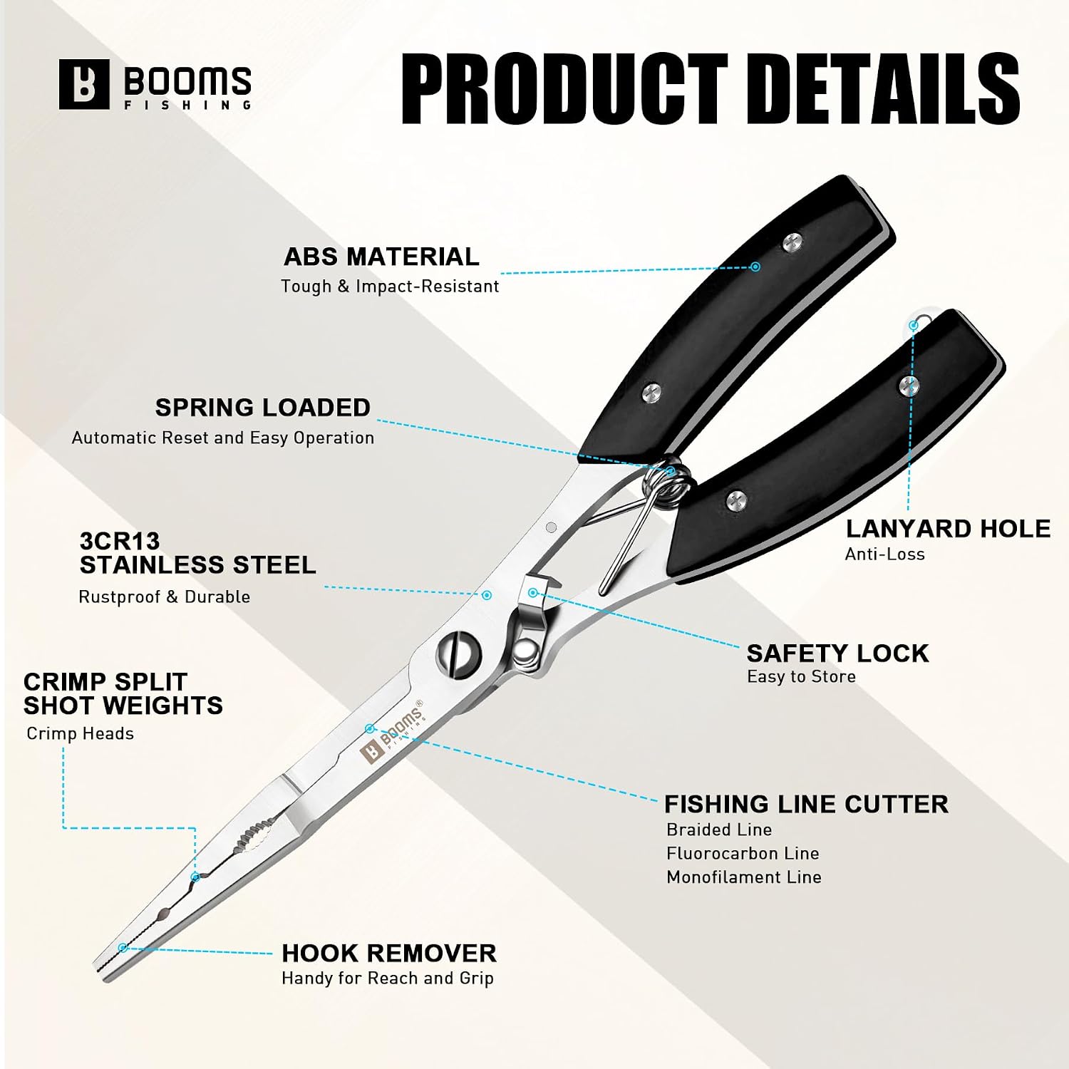 Booms Fishing Hook Remover Pliers, Long Nose, Braid Cutter, Lanyard, Black