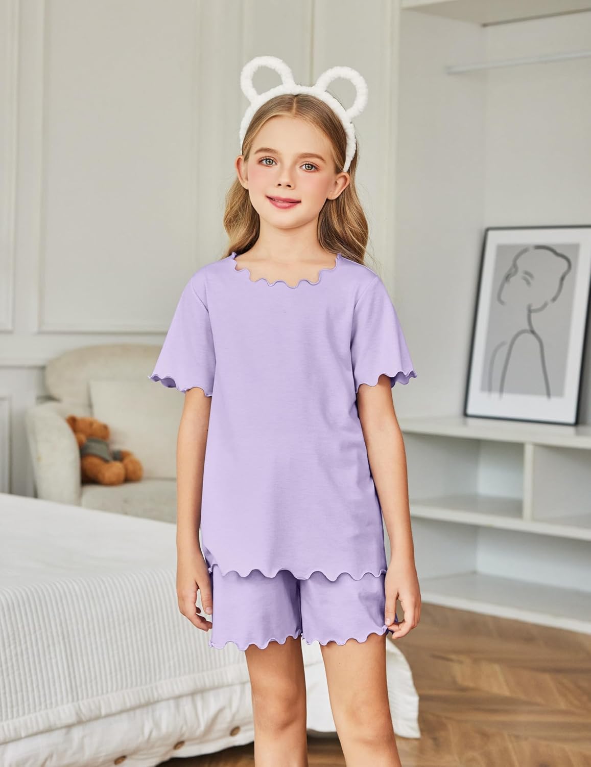Arshiner Girls Pajama Set Short Sleeve Lounge Set Soft Shirring Summer Sleepwear Pj Sets - Image 4