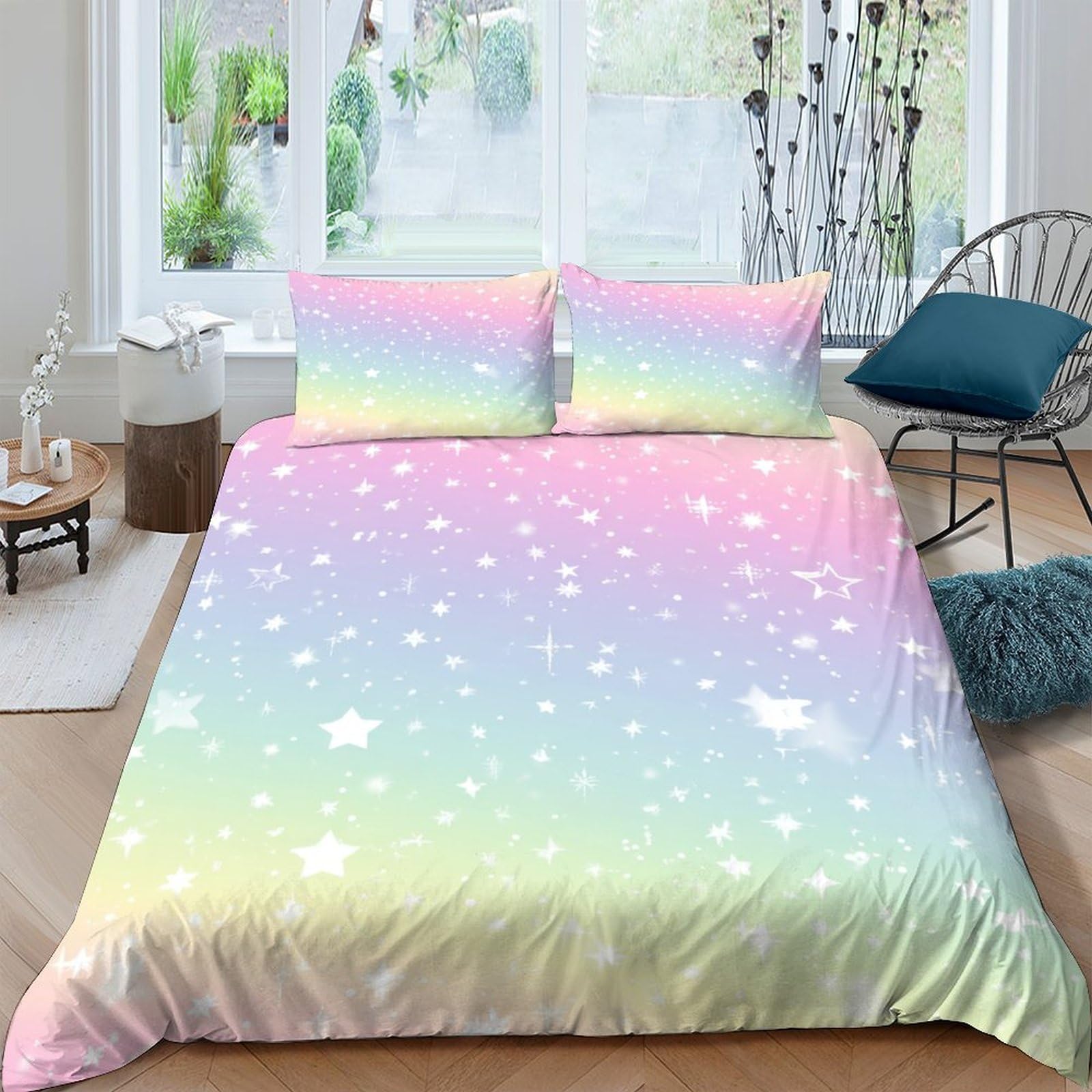 Ctjqhvkz Style-8 3D Printed Pastel Gradient Stars Fitted Sheet Microfiber Soft Slip-Resistant Nebula Mattress Cover Bedroom Decor Single（135X200cm）
