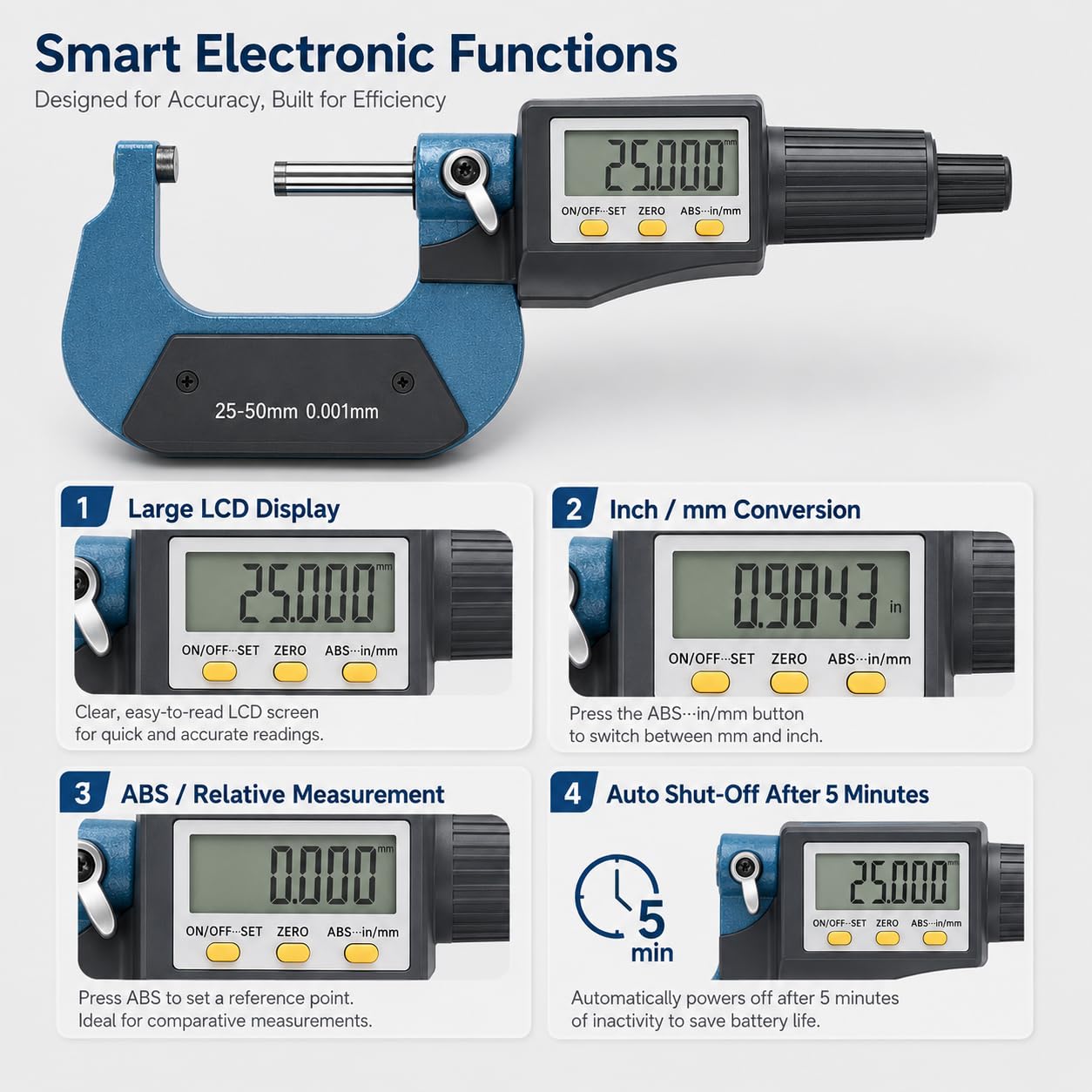 Micrometro Digitale 25‑50mm, Micrometro Esterno Elettronico LCD, Alta Precisione Micrometro Millesimale calibro Digitale Professionale Spessimetro Digitale Strumenti Di Misura, 0.001mm/0.00005"