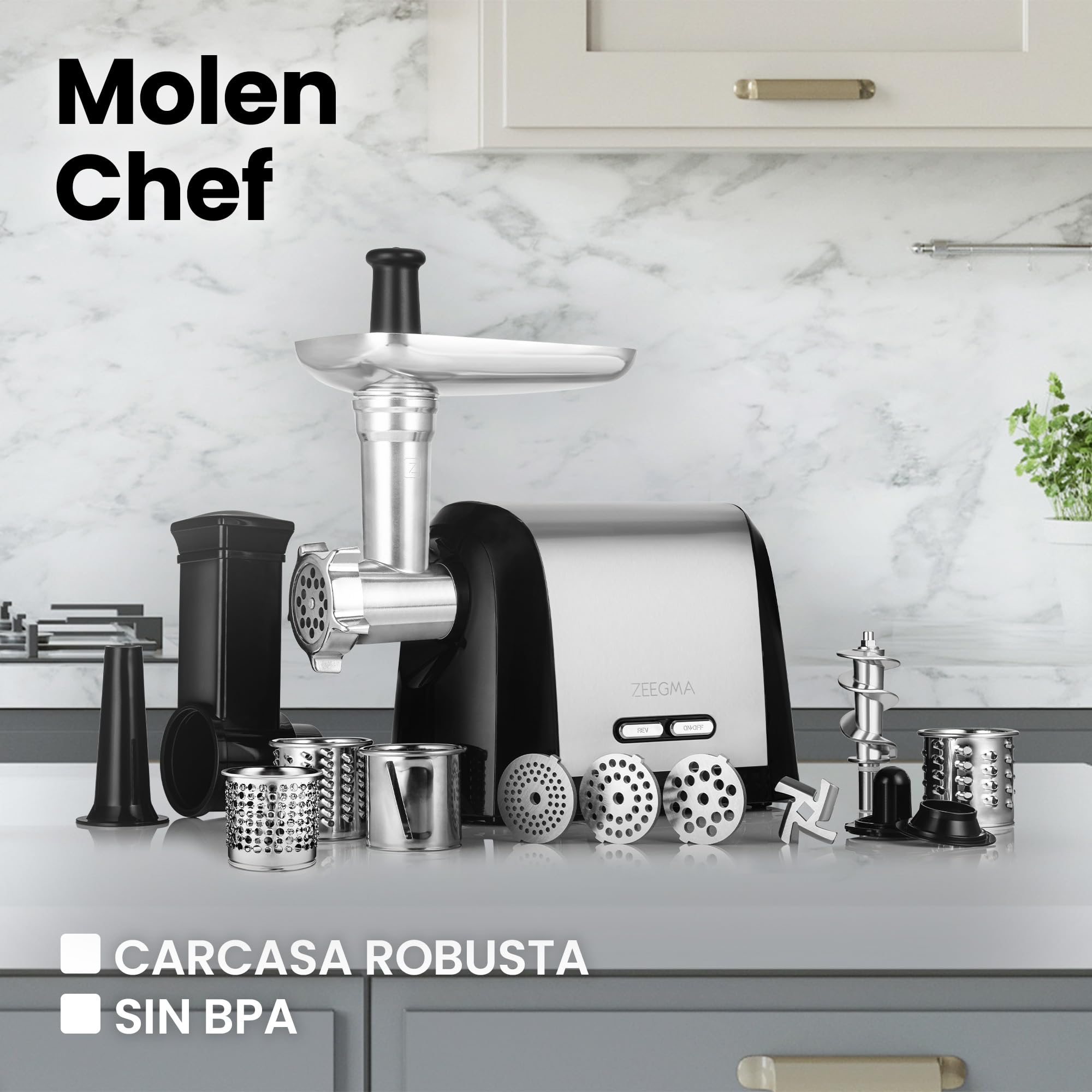 ZEEGMA Molen Chef Picadora eléctrica de carne 1900 W con 3 placas de molienda de acero inoxidable, 3 kg/min, máquina de embutidos, kubbe, triturado, función REV, estuche de accesorios (Plata)