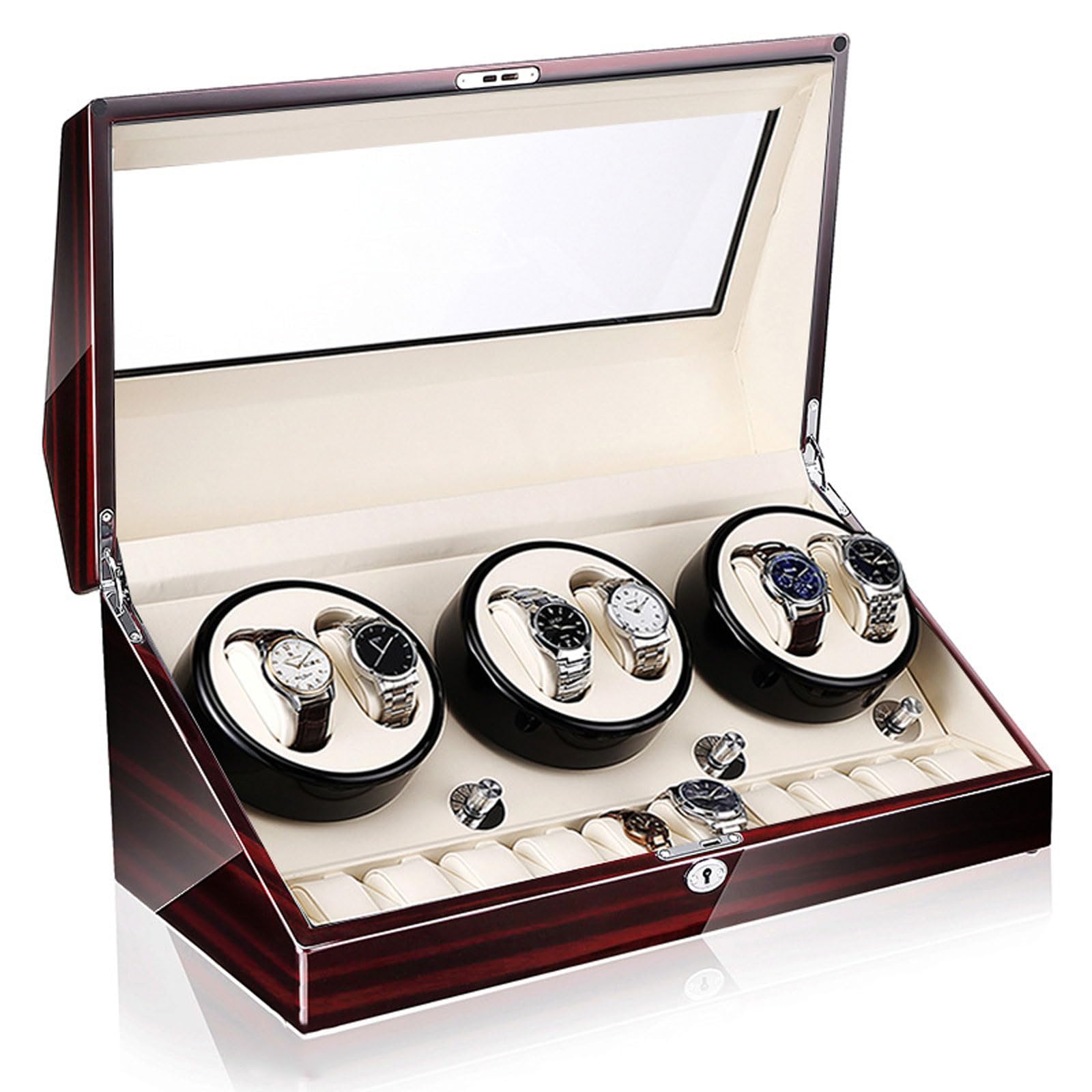 CGCSYZ Automatic Watch Winder Box 6+10 Watch Storage Box Piano Paint Finish Built-in Illumination,5 Rotating Modes,with Super Quiet Motor For Man Women (Ebony White Led Light 6+10 epitopes)