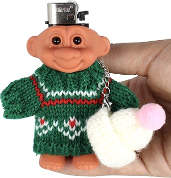 HUMWE Troll Dolls Lighter Case Cover Holder with Sweater Hat, Link Chain, Cute & Funny Sleeve for 3.2in Regular Lighter Green