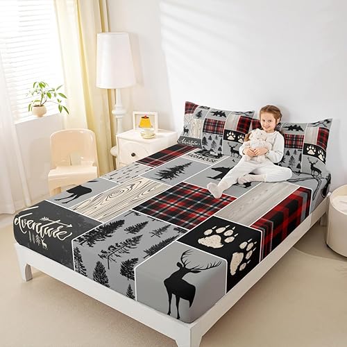 Miniatura 105 de Sábana bajera ajustable de oso de caza, juego de ropa de cama a cuadros de búfalo, sábanas de retazos de cabaña rústica para niños, niños, Multi