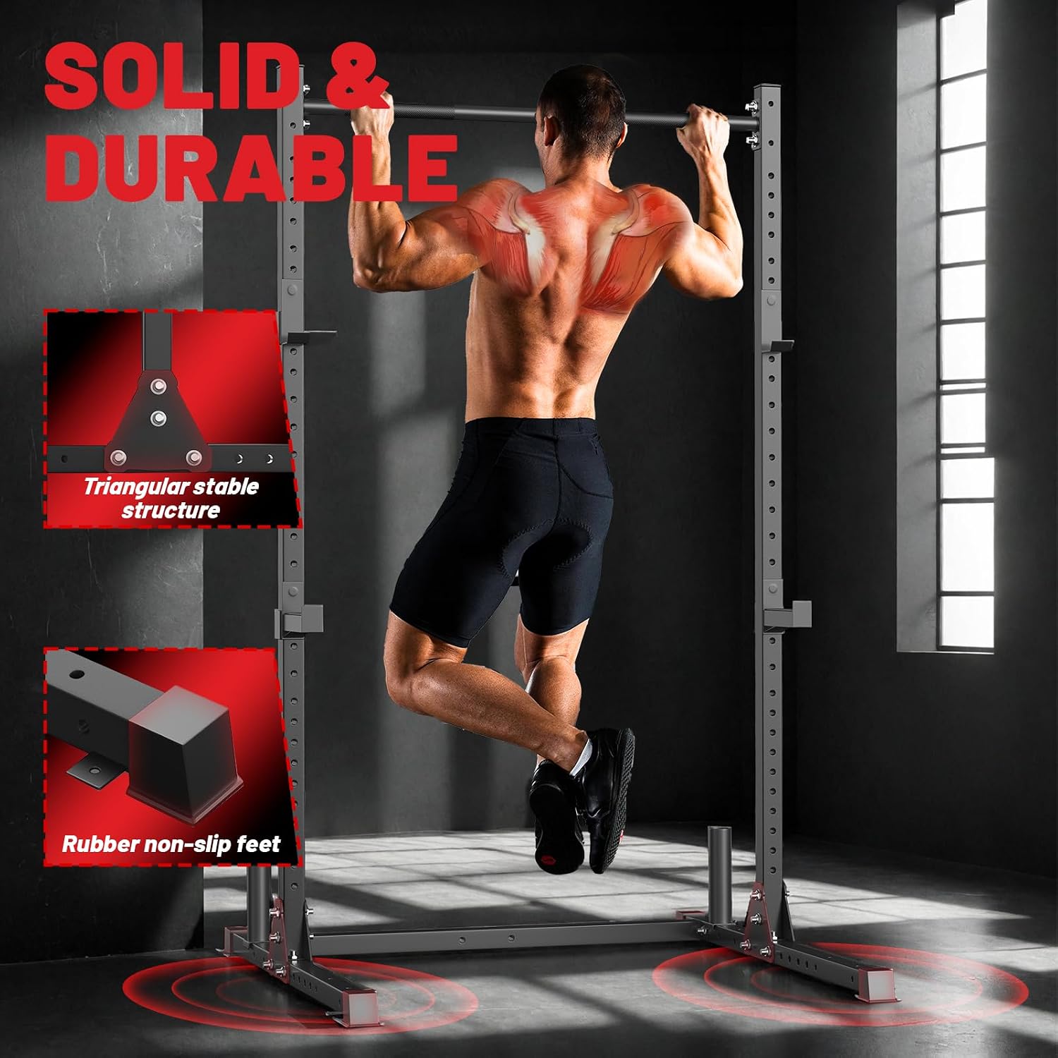 papababe Squat Rack with Pull Up Bar for Home Gym, Adjustable Power Cage with J-Hooks, 800LB Capacity Multi-Functional Bench Press Power Rack for 6FT, 7FT Barbell, Weight Lifting Rack