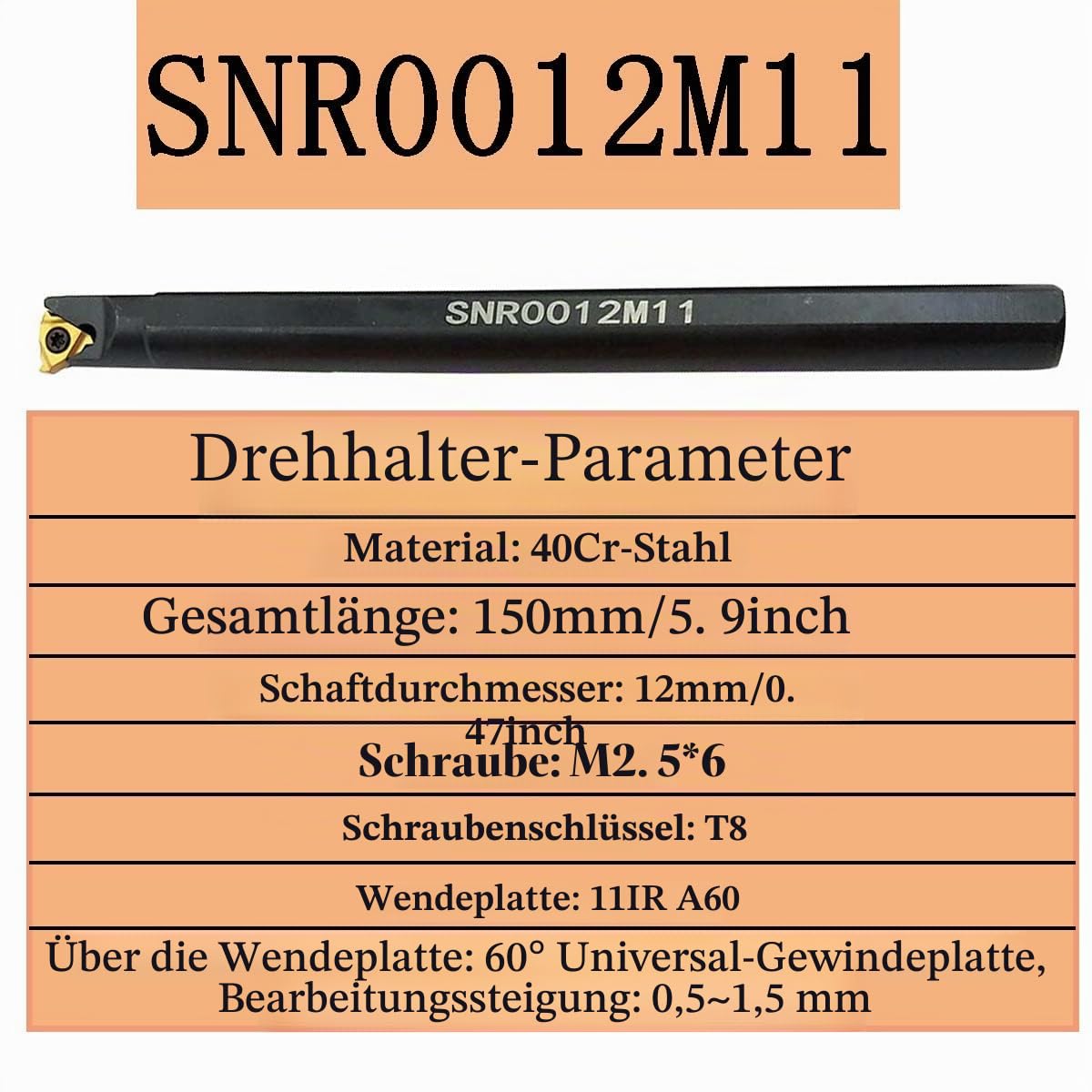 SNR0012M11 + SNL0012M11 Innen- und Außengewindebohrer, Drehwerkzeughalter mit 5 Stück 11IR A60 + 5 Stück 11ER A60 Einfädeleinsätzen.