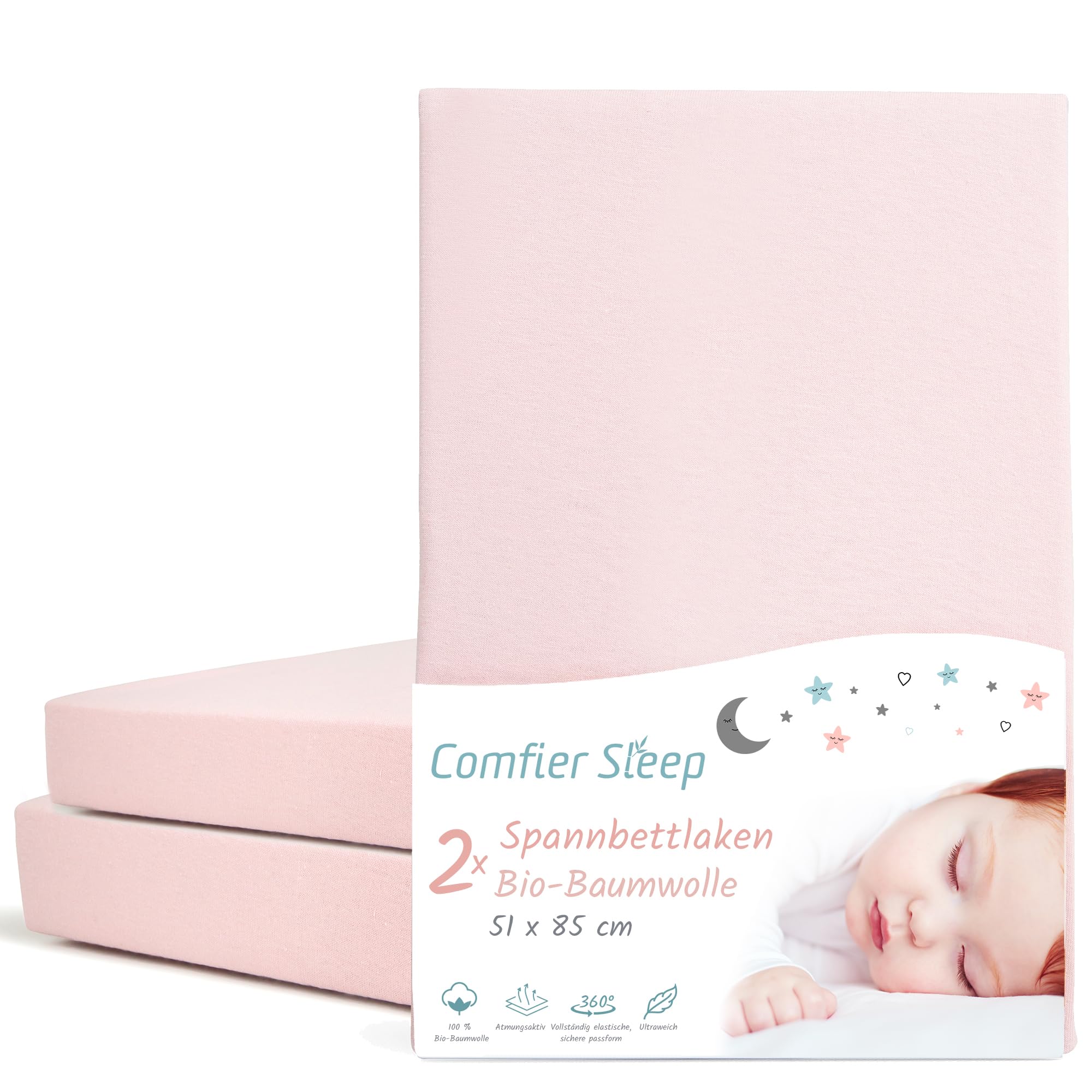 Spannbettlaken Kinderwagen 51x85 – 2er-Set Rosa Spannbettlaken aus Bio-Baumwolle – Waschbar & Atmungsaktiv – für Kinderwagenmatratze