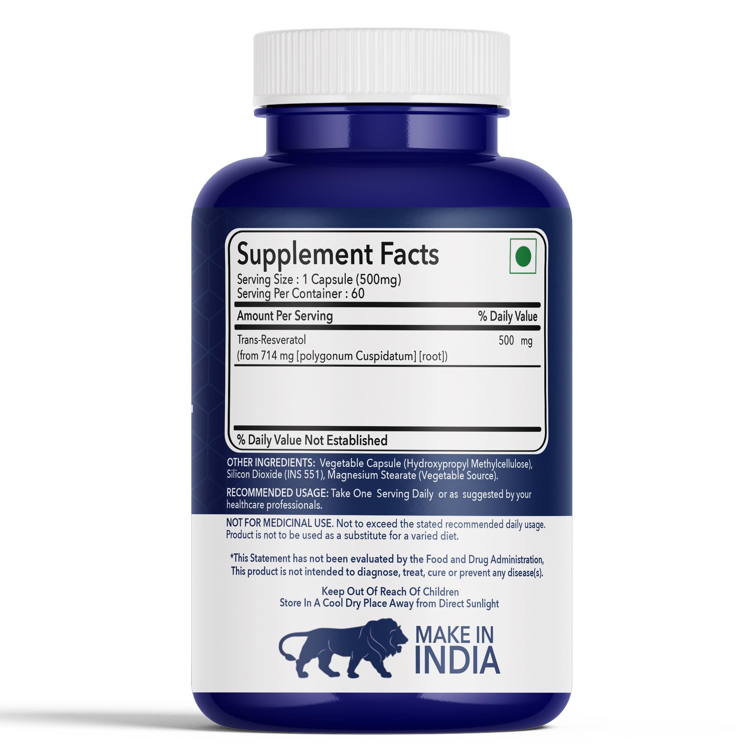 FITNESS VEDA Trans Resveratrol 99.9% Pure 500mg Supplement Slow down Aging | Anti-Inflammatory | Improves Metabolism and Heart health (60 Veg Capsules) 1