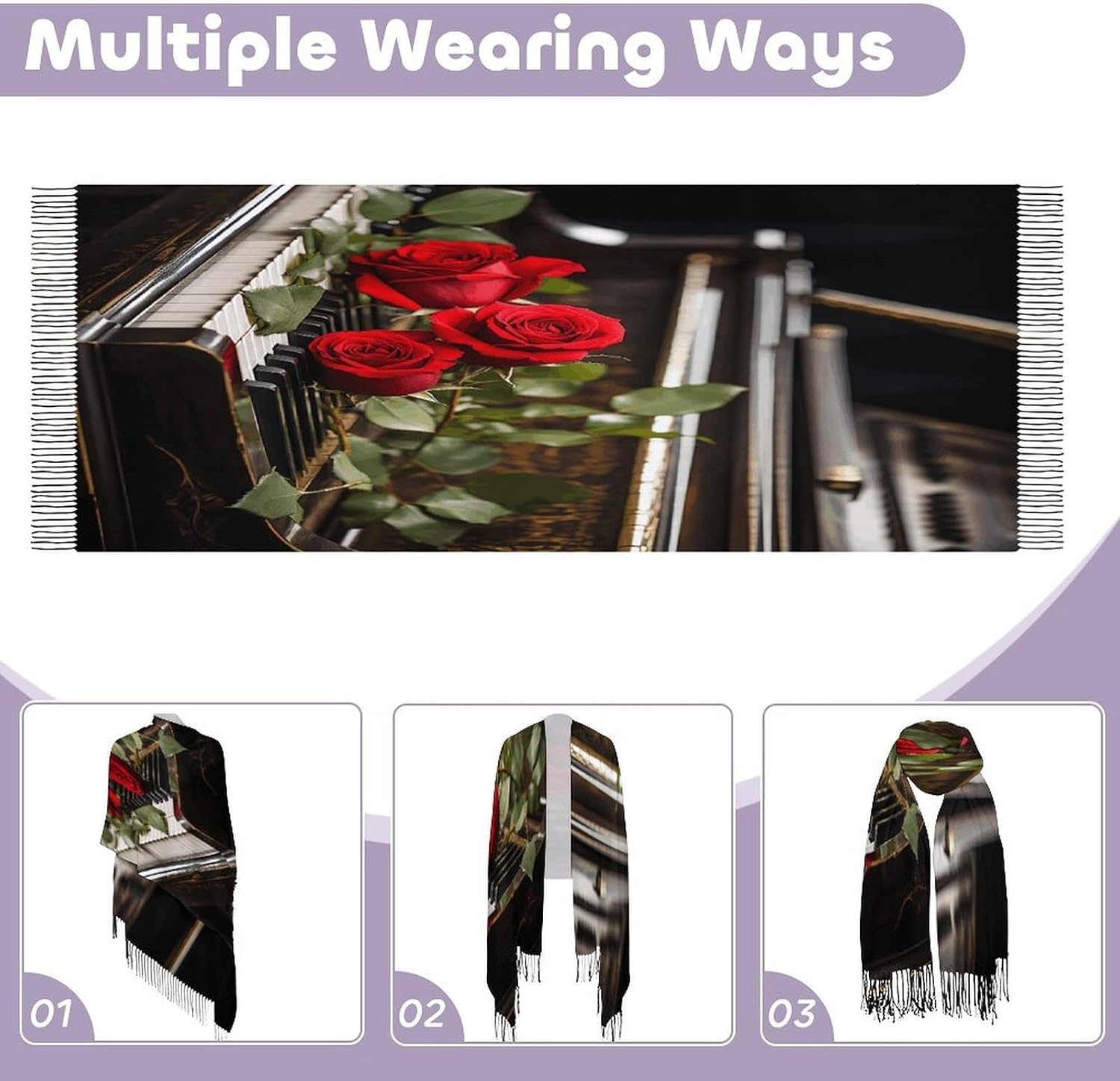 Red Rose on Piano Winter Scarf for Women Soft Tassel Scarves Oversized Wraps Long Shawl Cold Weather Thick Blanket Scarfs