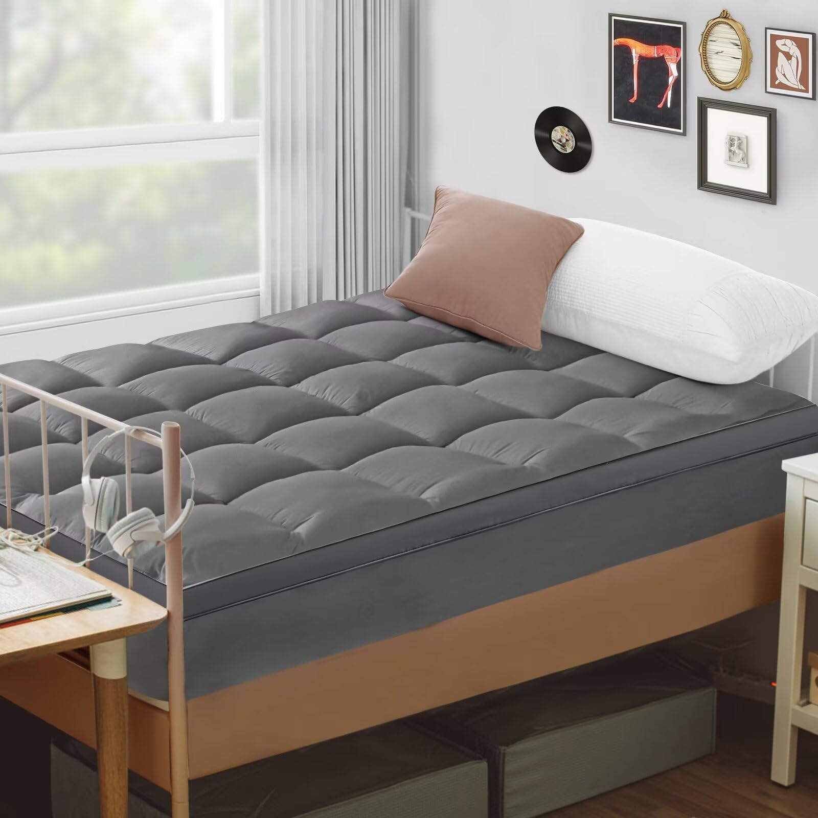 Mattress Topper Twin Size, CYMULA PillowTop Mattress Pad Cover for Dorm College Bed Hospital Back Pain, Cooling Mattress Protector Extra Thick Firm Soft Fill with 8-21 Inch Deep Pocket, 39"x75"Gray