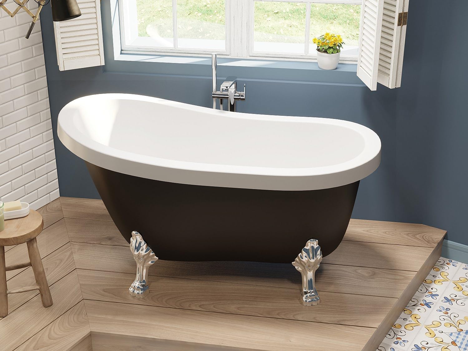 Shower & Design - BaÒera exenta retro con patas de leÛn plateadas - 171 L - 145 x 74 x 77 cm - Negro mate - NISOS