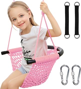 Hi-Na Tree Swing for Kids, Adjustable Toddler Rope Swing Seat with Snap Hooks and Straps, 440 lbs Capacity, Swingset Accessories for Indoor Porch Doorway Outdoor Playground Backyard Pink