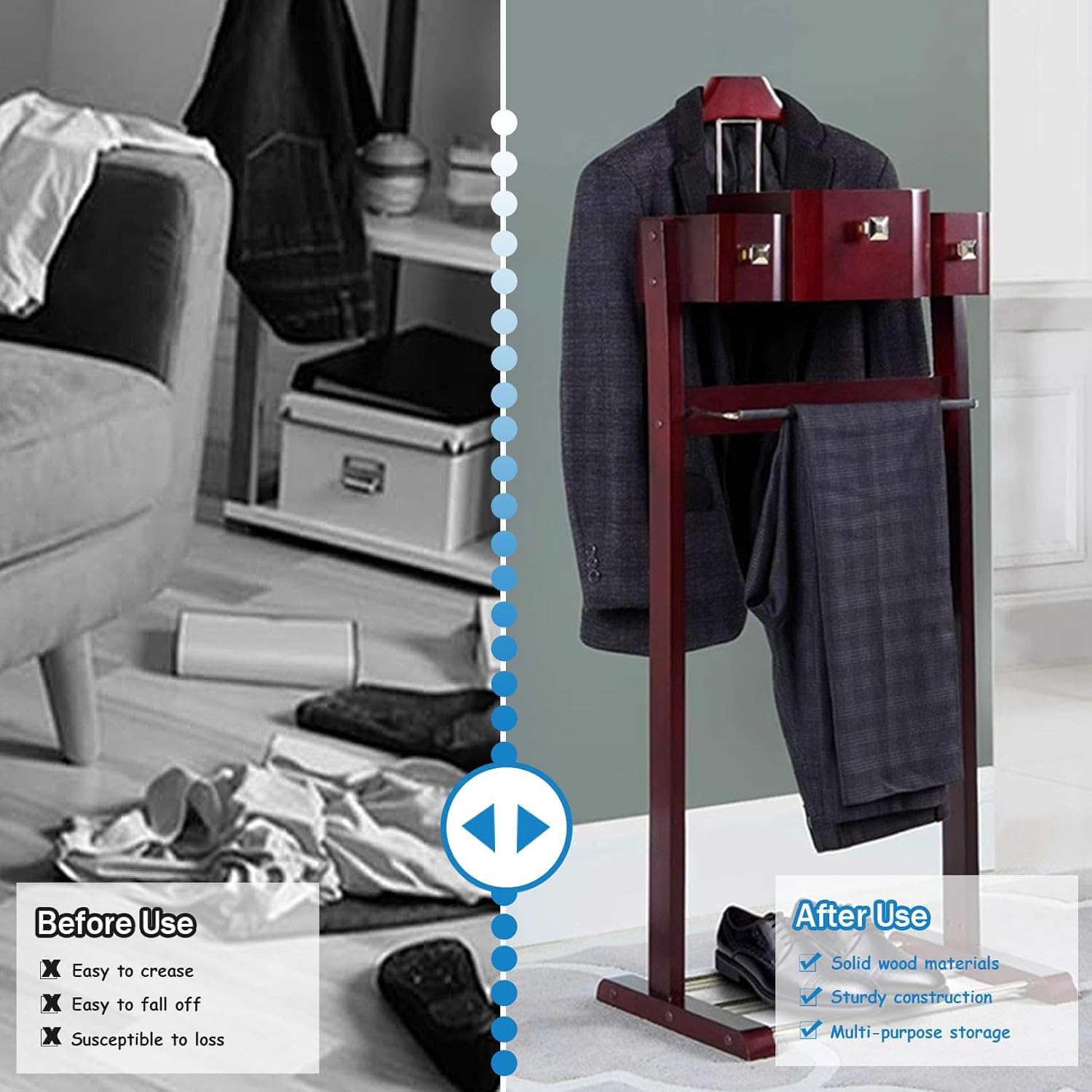 Wooden Valet Stand For Men With Storage Tray Durable Suit Rack Freestanding Clothes Hanger Strong Load Capacity Space Saving Design For Bedroom