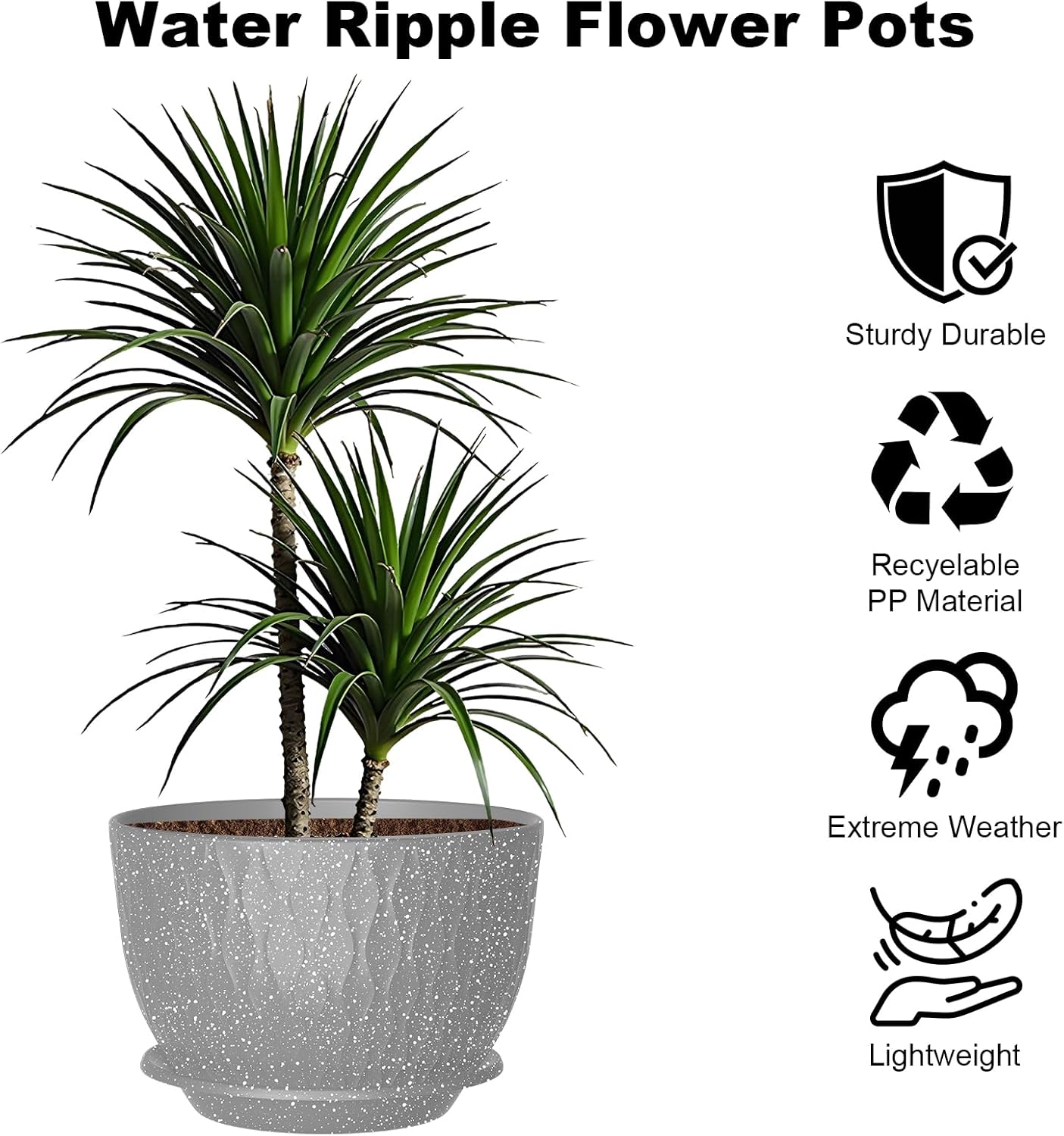 12 Inch Large Plant Pots, Flower Pots with Multi-Mesh Drainage Holes and Saucer, Plastic Planters for Indoor and Outdoor Garden Plants (Speckled Grey, 12")