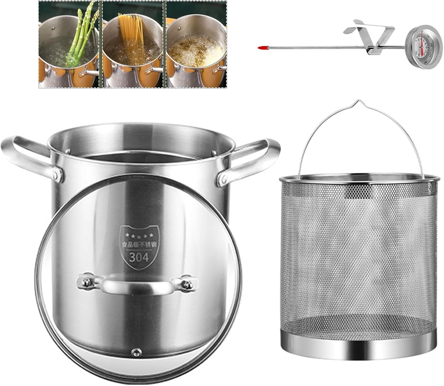 4.5L/5L/5.5L Deep Fryer Pot, 304 Stainless Steel Fryer with Oil Strainer Basket & Thermometer & Transparent Lid, Japanese Tempura Frying Pot Pasta Cooker for French Fries, Cooking Asparagus (5L)