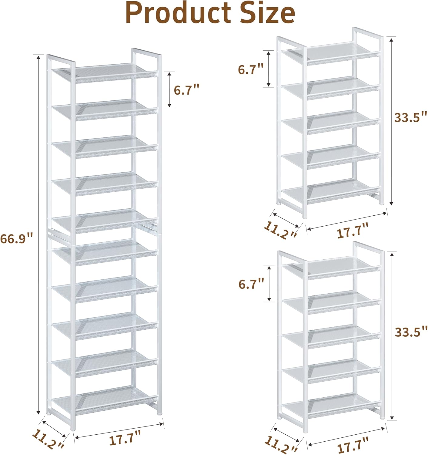 Mesh Stackable Shoe Rack, 10 Tier Heavy Duty Shoe Stand for Closet, Holds 20-25 Pairs, Free Standing Shoe Rack for Garage Entryway, White