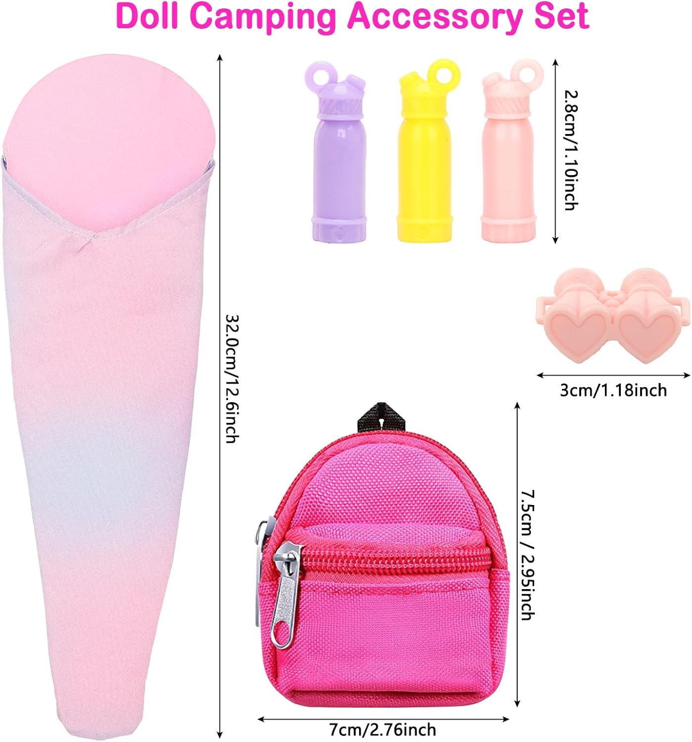 BARWA 26 Pcs Doll Travel Camping Set Includes 7 Sets Doll Clothes, Sleeping Bag, Backpack, Sport Bottles, Telescope,Glasses, Shoes Camping Accessories for 11.5 Inch Dolls
