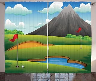 Ambesonne Golf Course Scene Curtains, Cartoon Graphic of Hills Majestic Mountain Hole Flags Pond, Living Room Bedroom Window Drapes 2 Panel Set, 108" X 90", Apple Green Multicolor