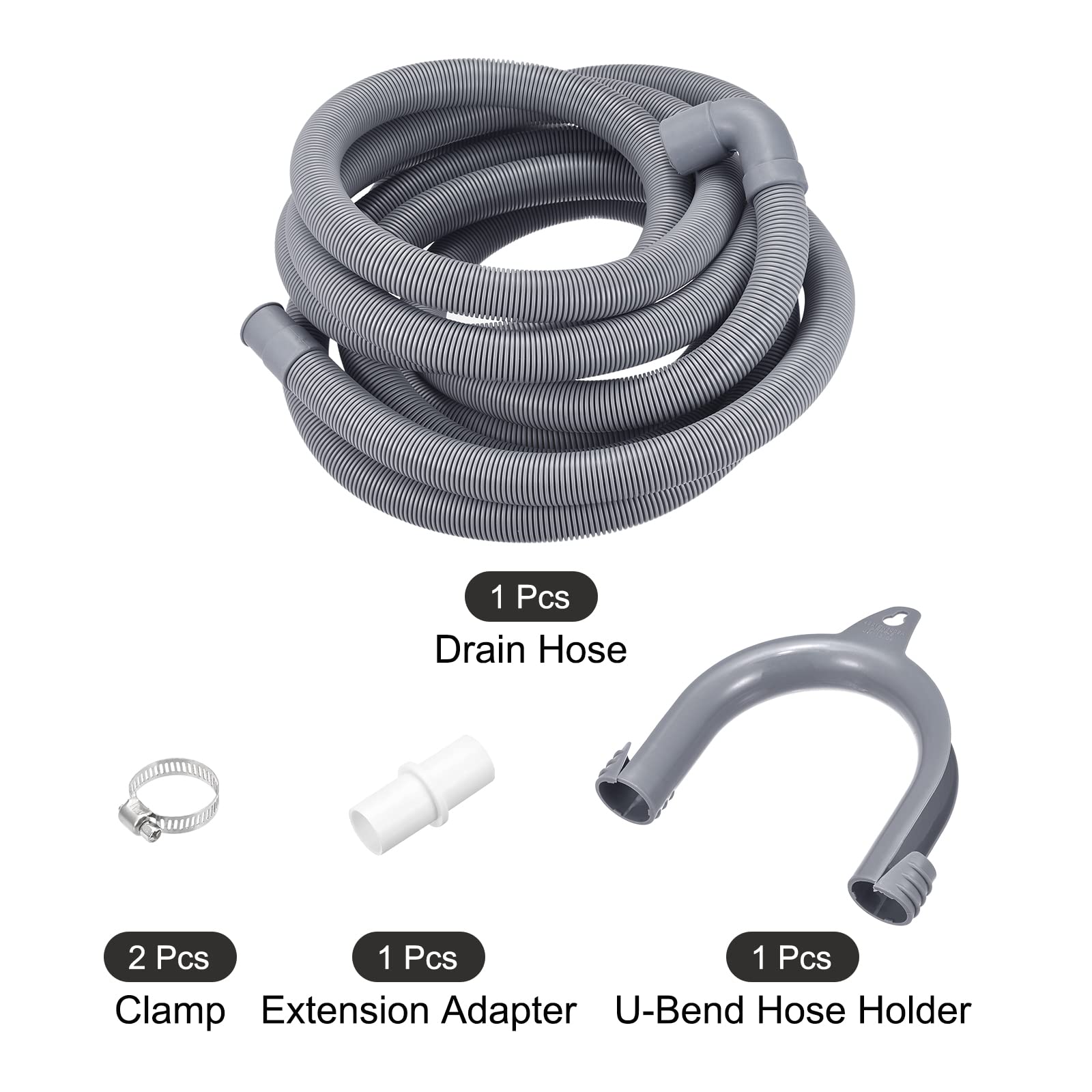 sourcing map Lavadora Máquina Drenaje Manguera Extensión Kits 16.4 Pies Gris para Lavadora Máquina con Codo y Extensión Adaptador, U-Curva Manguera Soporte, 2 Abrazaderas