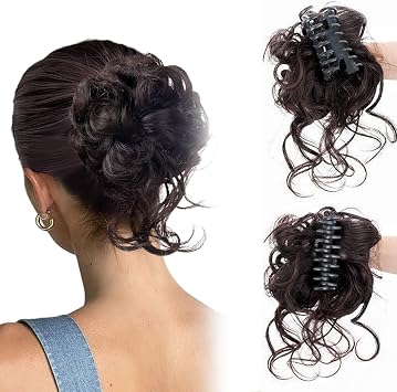 GWAWG Messy Bun Hair Piece HAIR Claw Clip Short Ponytail Synthetic Fake Hairpieces Wavy Curly Claw Clip Hair Light rown, Dark Brown, Black, Gold Wig Piece dark brown