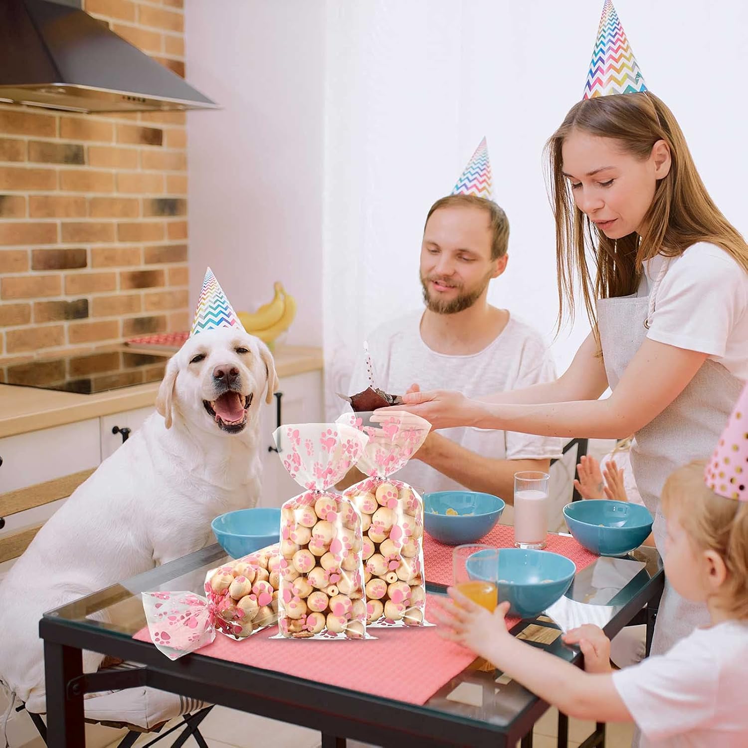 100 Pieces Pet Paw Print Cone Cellophane Bags Heat Sealable Candy Bags Dog Paw Gift Bags Cat Treat Bags with 100 Pieces Silver Twist Ties for Pet Treat Party Favor/ (Pink) : Pet Supplies