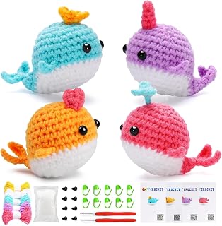 AKOFIC Crochet Set for Beginners - Crochet Set with Step-by-Step Video Instructions, Complete Knitting for Beginners Set, Crochet Set Animals - DIY Craft Set Adult Kids, Pack of 4 Colorful Choices