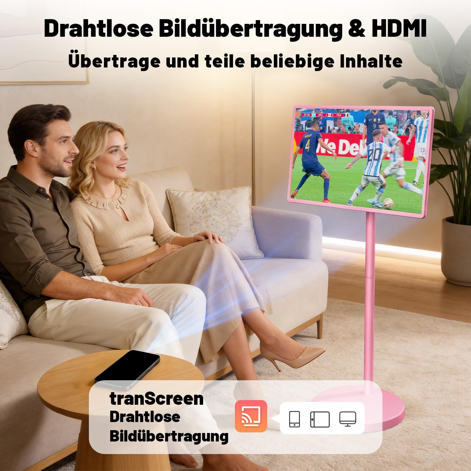 VLH 32 Zoll Portable TV, Mobiler Tragbarer Fernseher auf Rollen, Android 15, EDLA-Zertifiziert, 8G+128GB, Fahrbarer Akku TV auf Rollen mit Sprachfernbedienung, 10W Stereolautsprecher, 38.400mAh