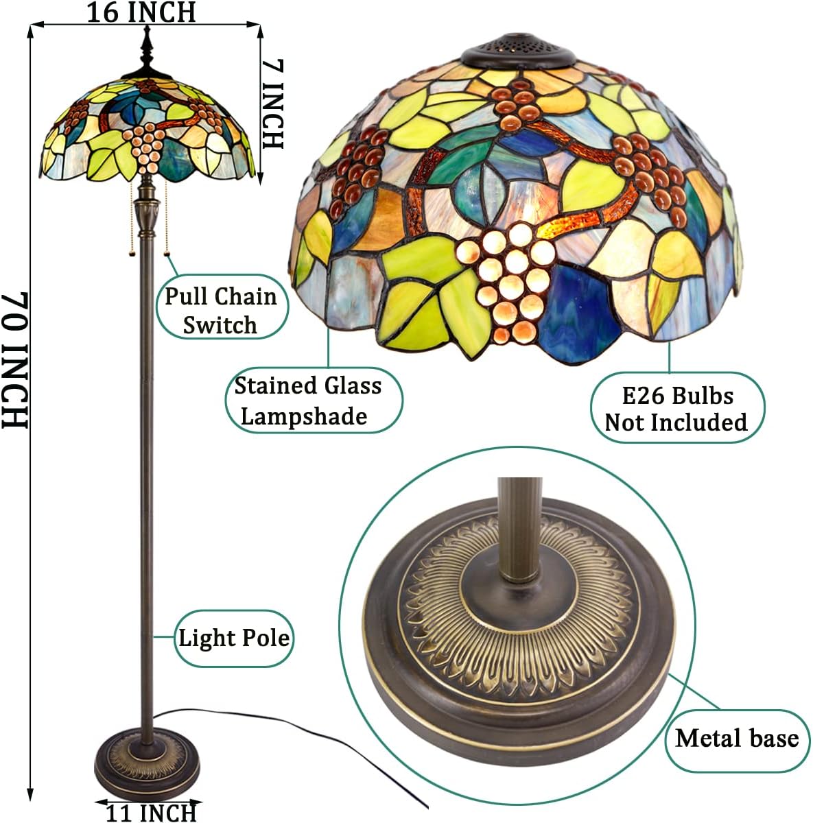 Tiffany Floor Lamp Stained Glass Lamp Standing Reading Light 16x16x70 Inch for Living Room (Amber Grape)
