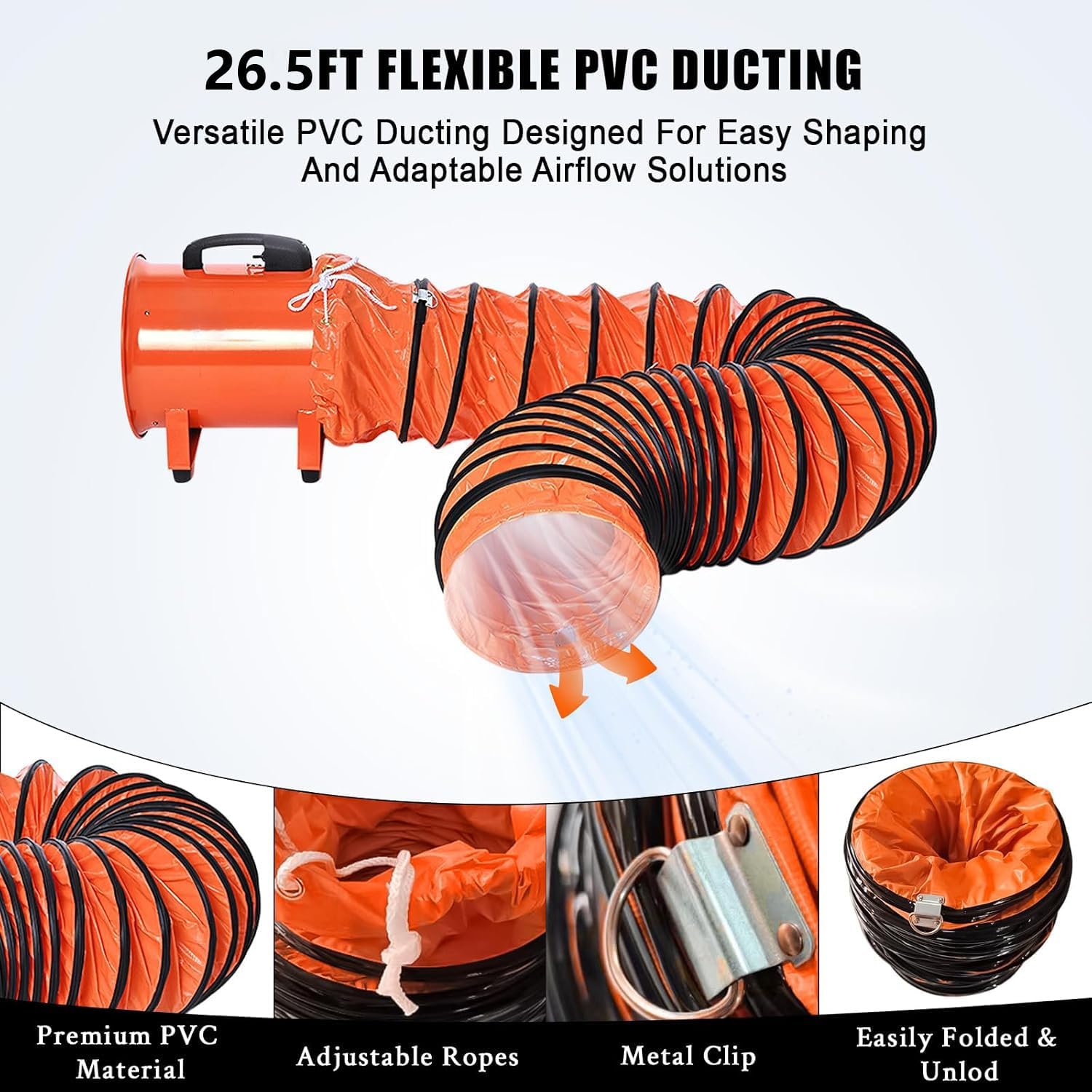 12-Inch Air Blower Ventilator with Hose, Heavy-Duty Extractor Blower Fan 8mHose 4.5mPower cable High Directional Airflow for Crawl Spaces, Attics, Basements All-copper wire motors are more durable