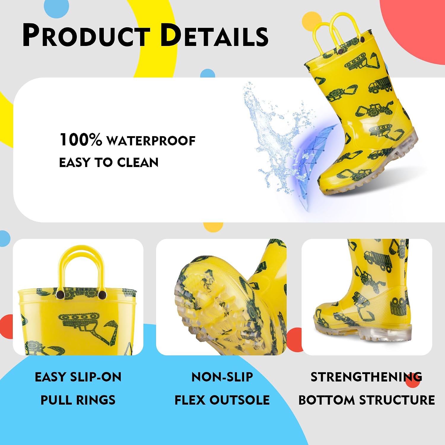 GAWBAW Toddler Rain Boots Kids With Glitter Light up Rain Boots With Easy-on Handles Waterproof For Boys and Girls