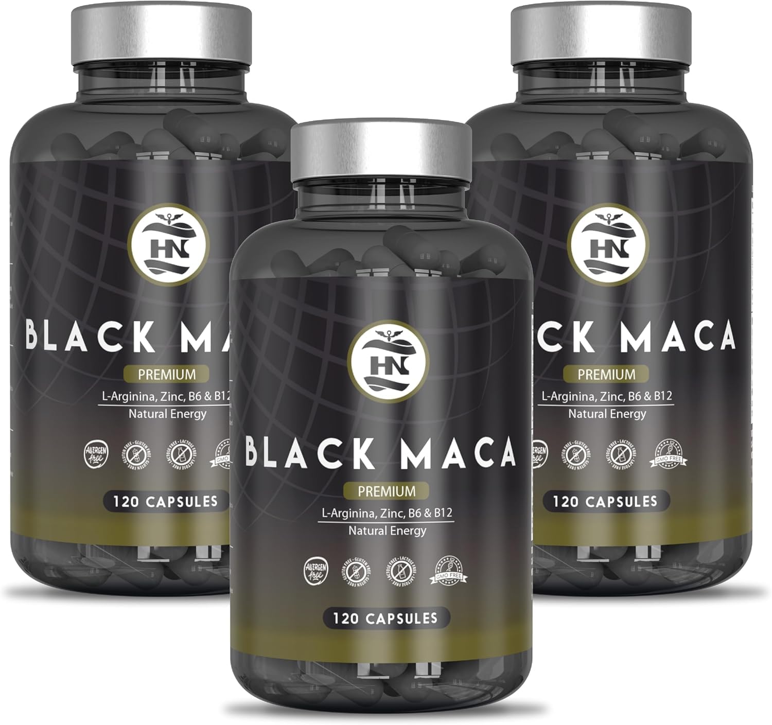 Maca Negra Andina Peruana con L arginina 24000 mg Altamente Concentrada 20:1 para máxima energía y rendimiento, Vitaminas B6 y B12 contra cansancio y fatiga Maka para hombres y mujeres (120x3 botes)