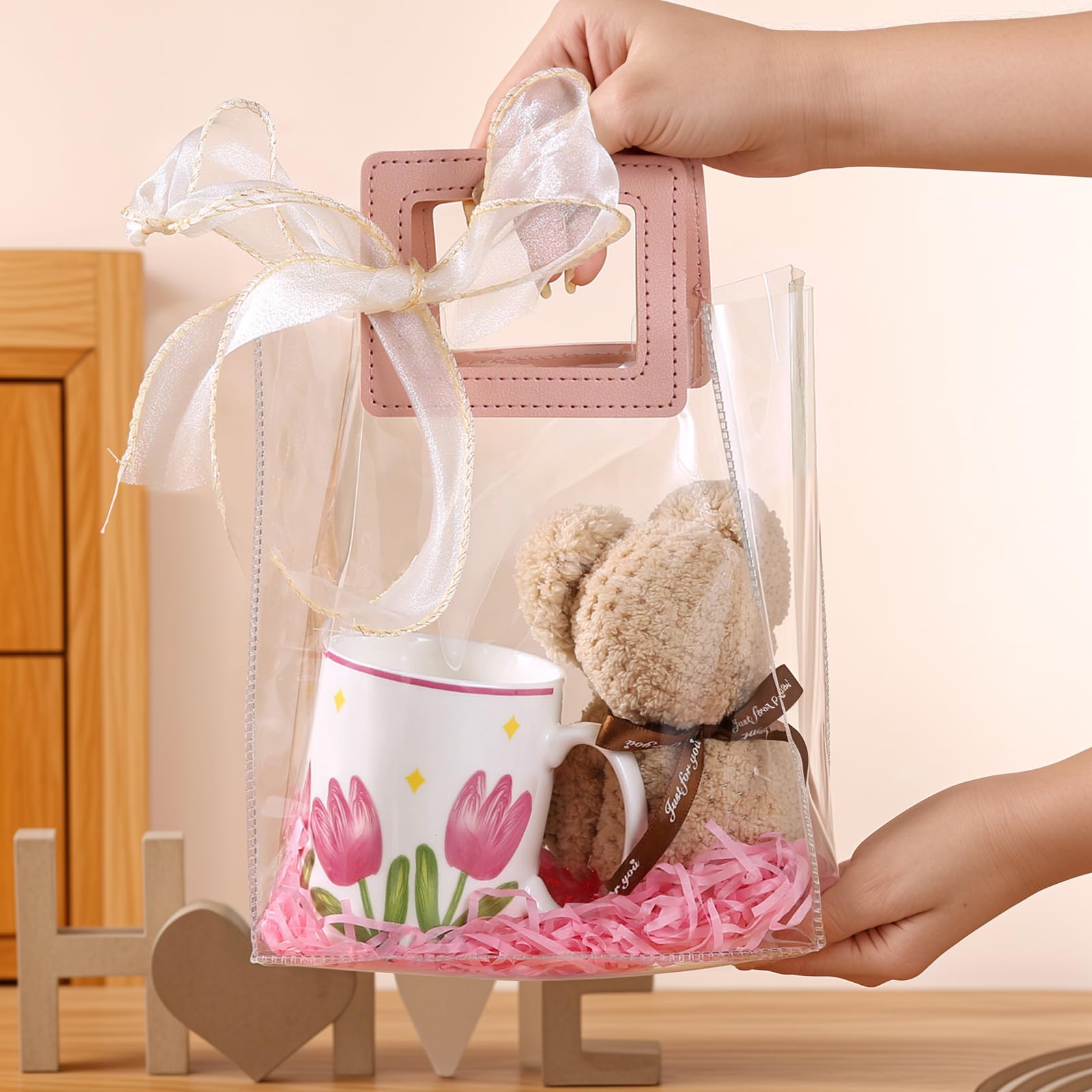 24 bolsas de regalo transparentes con asas y cinta de cola de pez, bolsa de regalo de PVC transparente reutilizable a granel, bolsas de plástico resistentes para boda, cumpleaños, recuerdo de fiesta,