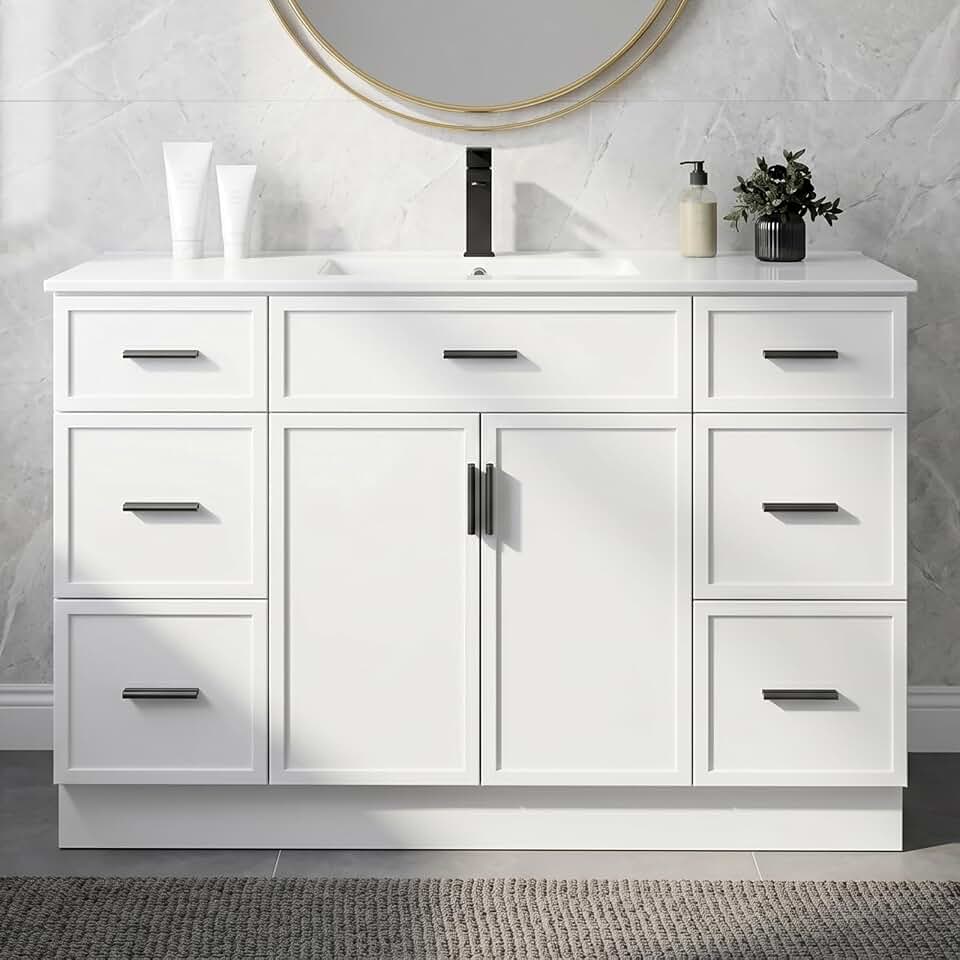 48 Inch Bathroom Vanity with Sink and Countertop, Modern Farmhouse Single Sink Bathroom Vanity Cabinet, Freestanding Bathroom Vanities with 2 Soft Close Doors & 6 Drawers, White